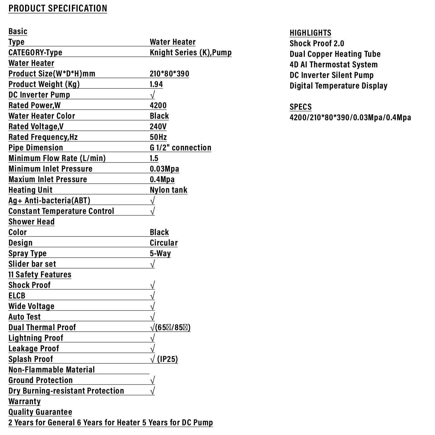 Haier 4.2kW DC Pump Water Heater Black (EI42E-KP3B)