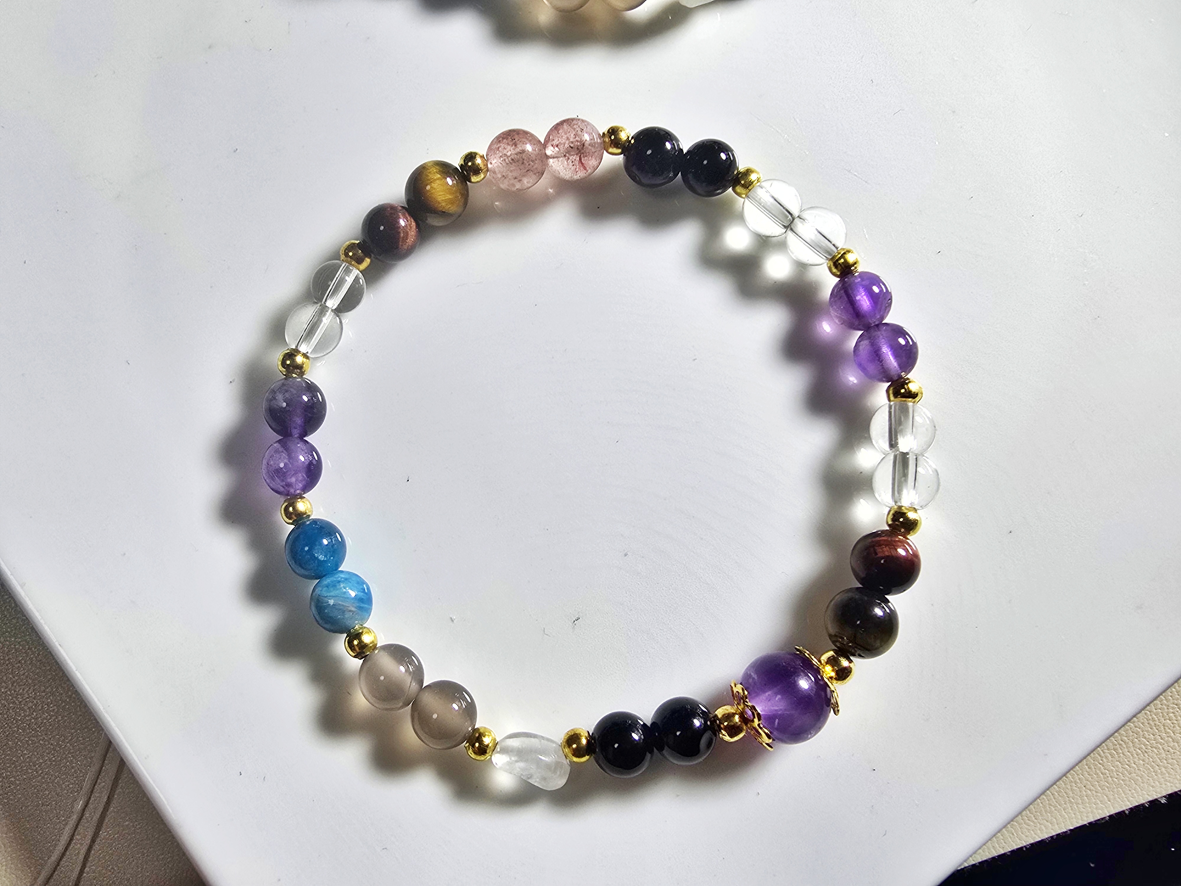 DIY0126-6 天然草莓 月光石 紫水晶 藍磷灰 白水晶 瑪瑙 虎眼石手串