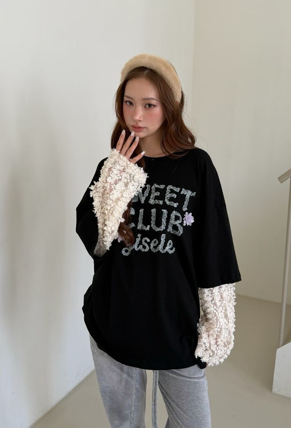 221686 “SWEET CLUB  gisele” 假兩件lace袖tee