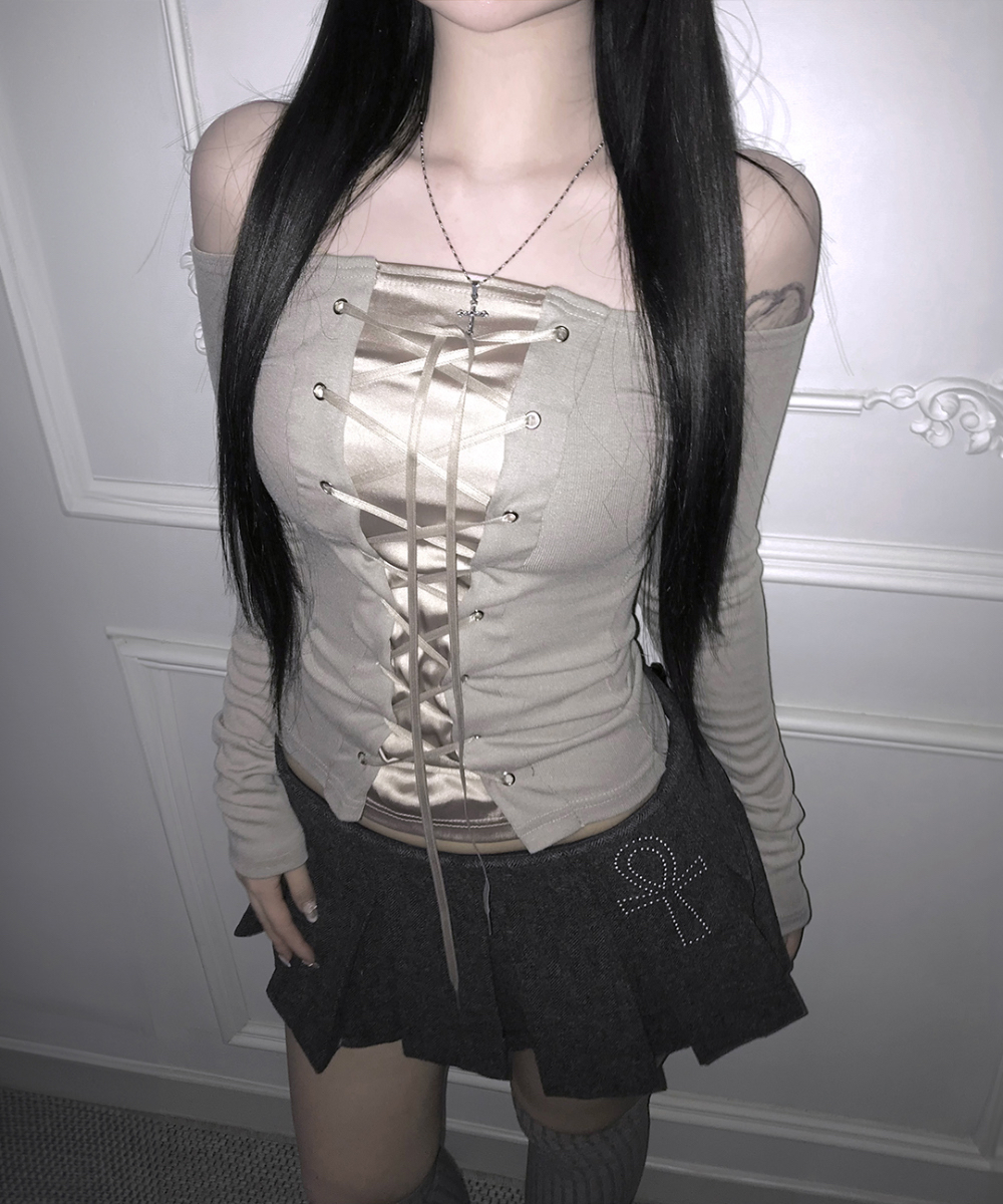 Off-Shoulder Satin Lace-Up Top