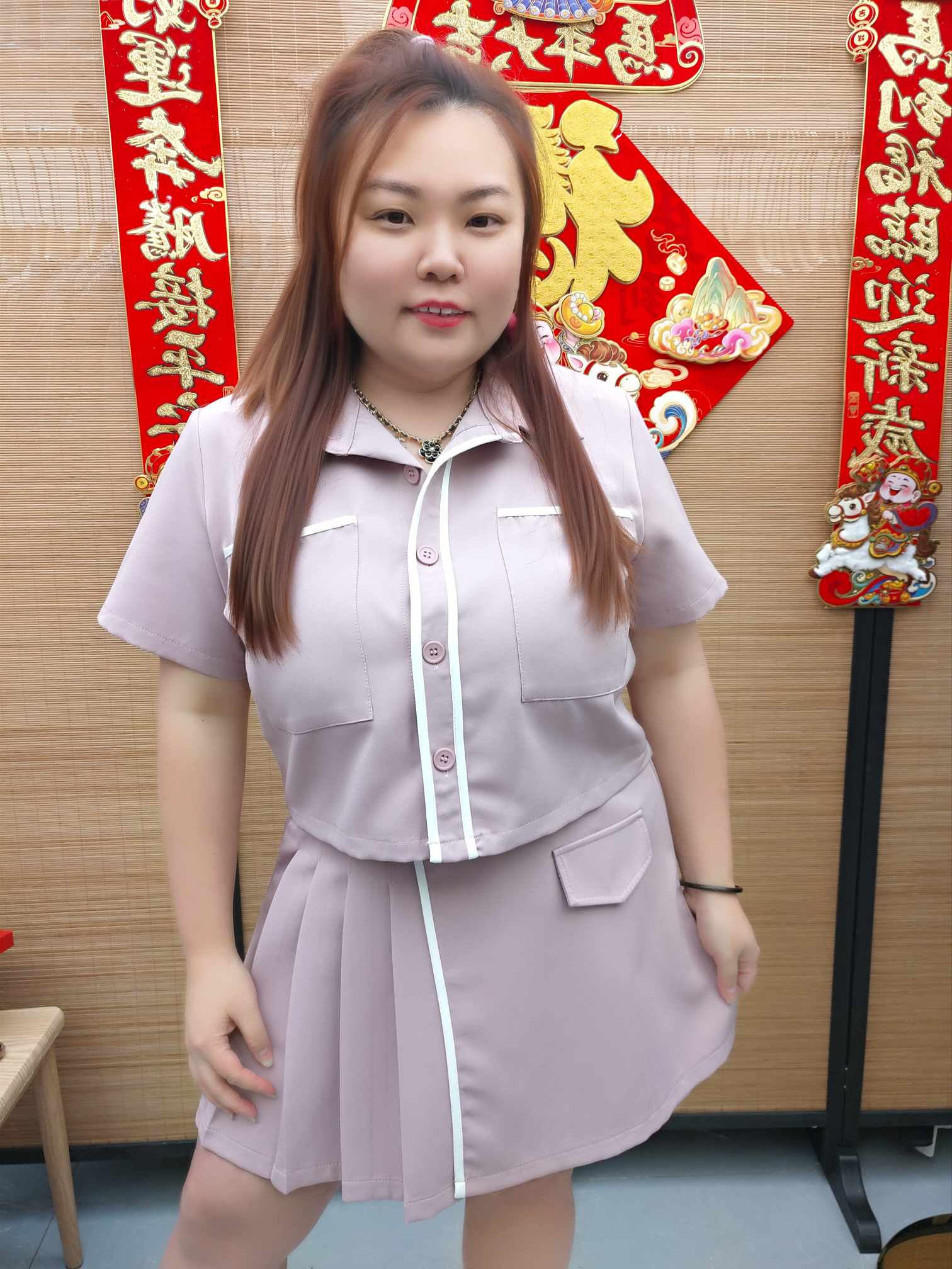 DDG10 TW#8081 边白线条拼边百褶设计裤裙套装