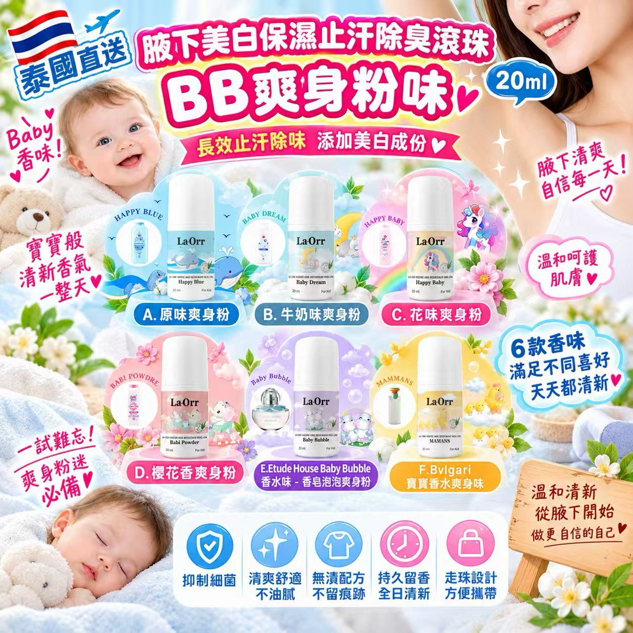 【預訂】泰國直送 BB爽身粉味腋下止汗滾珠 20ml