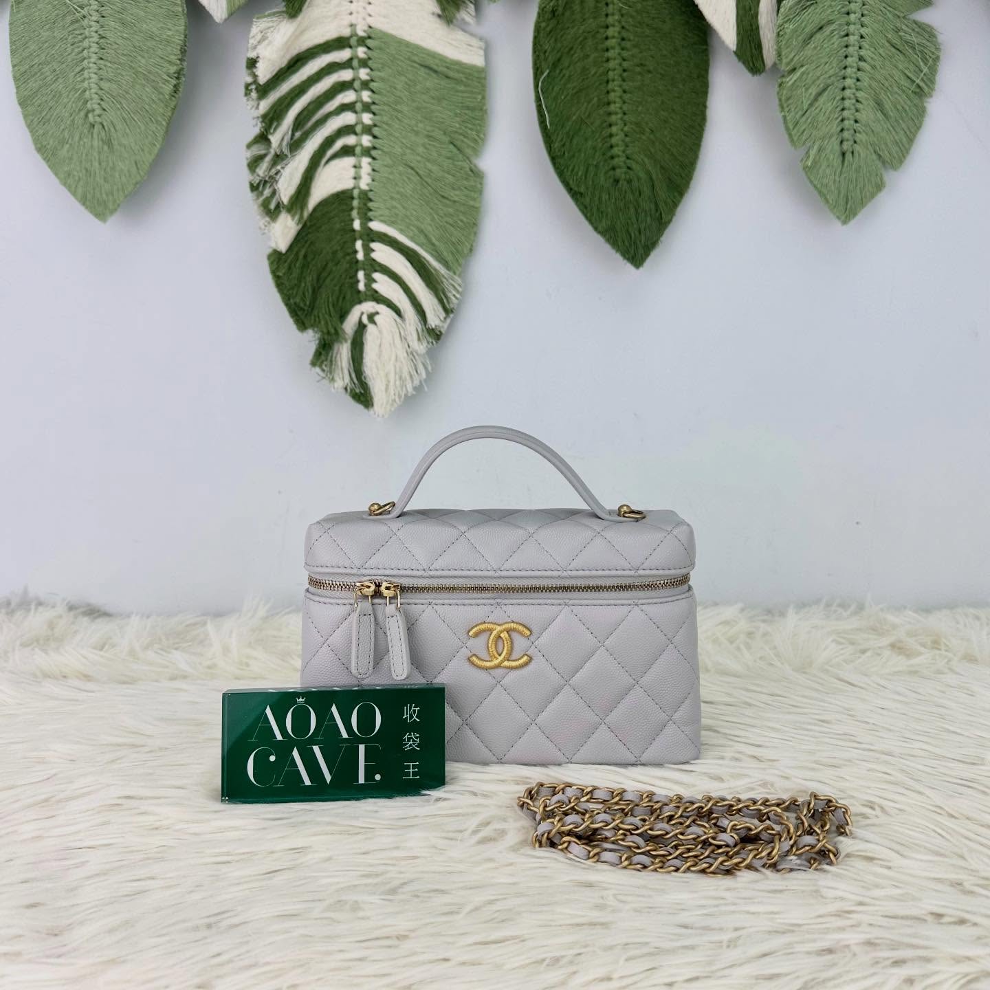 CHANEL🤍PRE OWNED 25P LP 灰色金扣荔枝牛皮飯盒包 晶片款 手提單肩斜肩包🩶