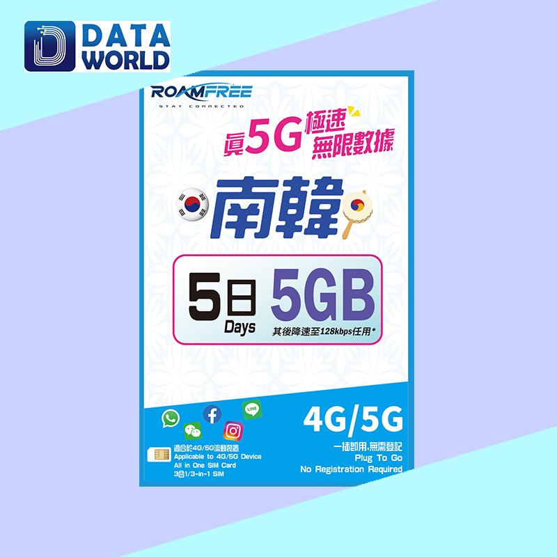 Roamfree X 3HK 4G/5G 南韓5日無限數據卡