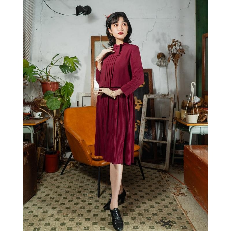 Vintage Elegant Cranberry Red Festive Faux Twin Set Accordion Pleat Dress (MT1608-147)