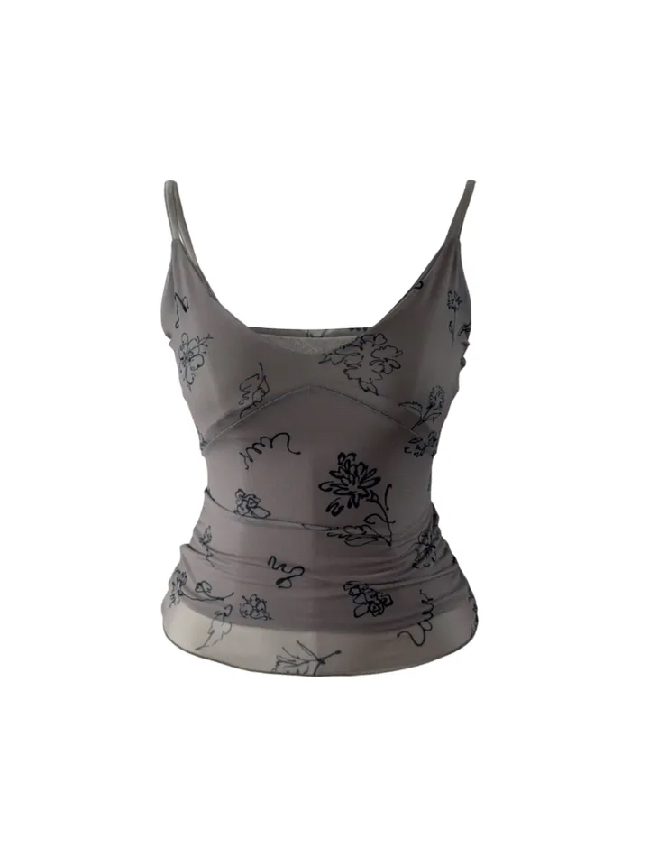 Abstract Floral Print Mesh Cami Top