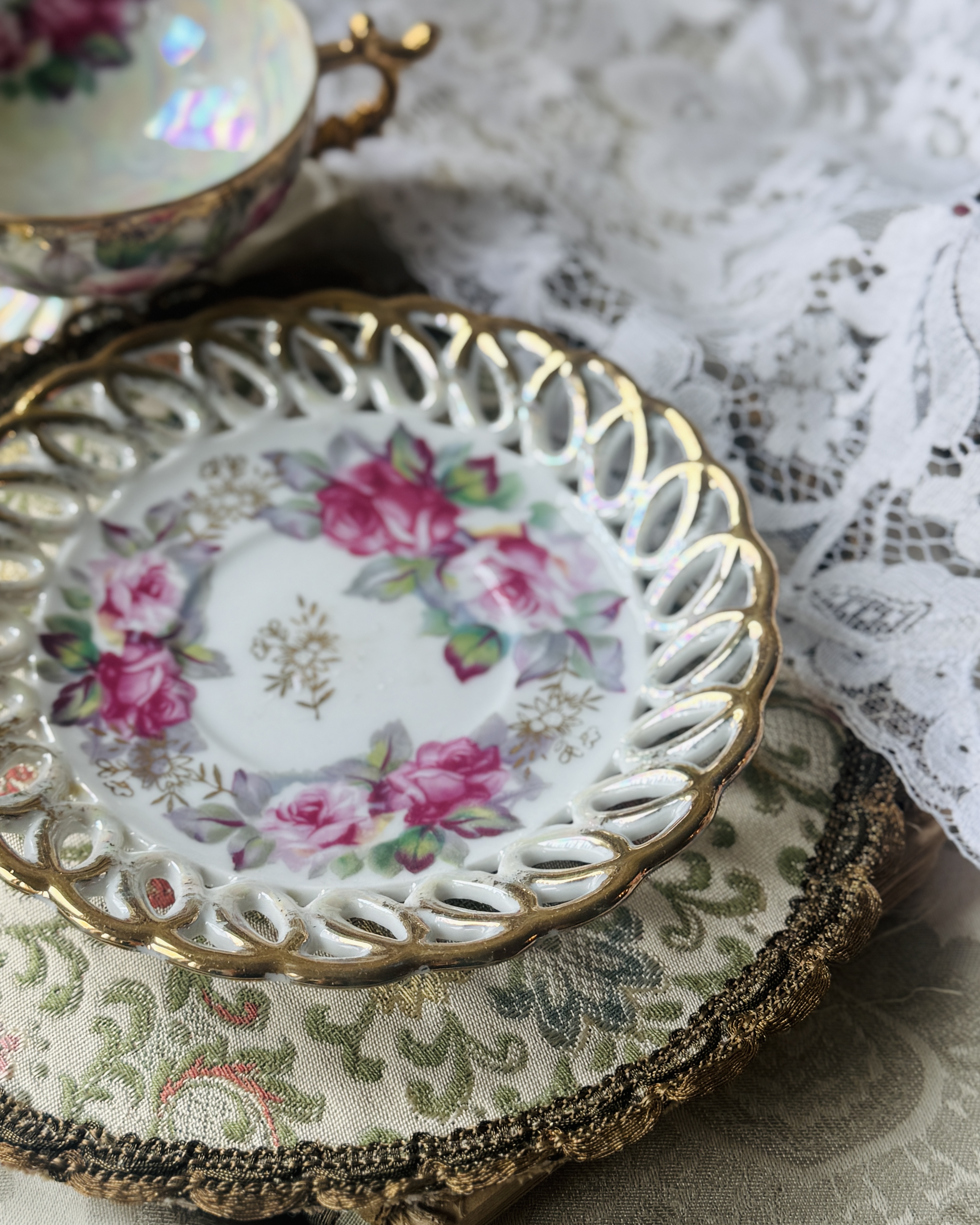 Vintage Mid-Century Castle Japan Floral Iridescent Tea Set Duo (MT2398)