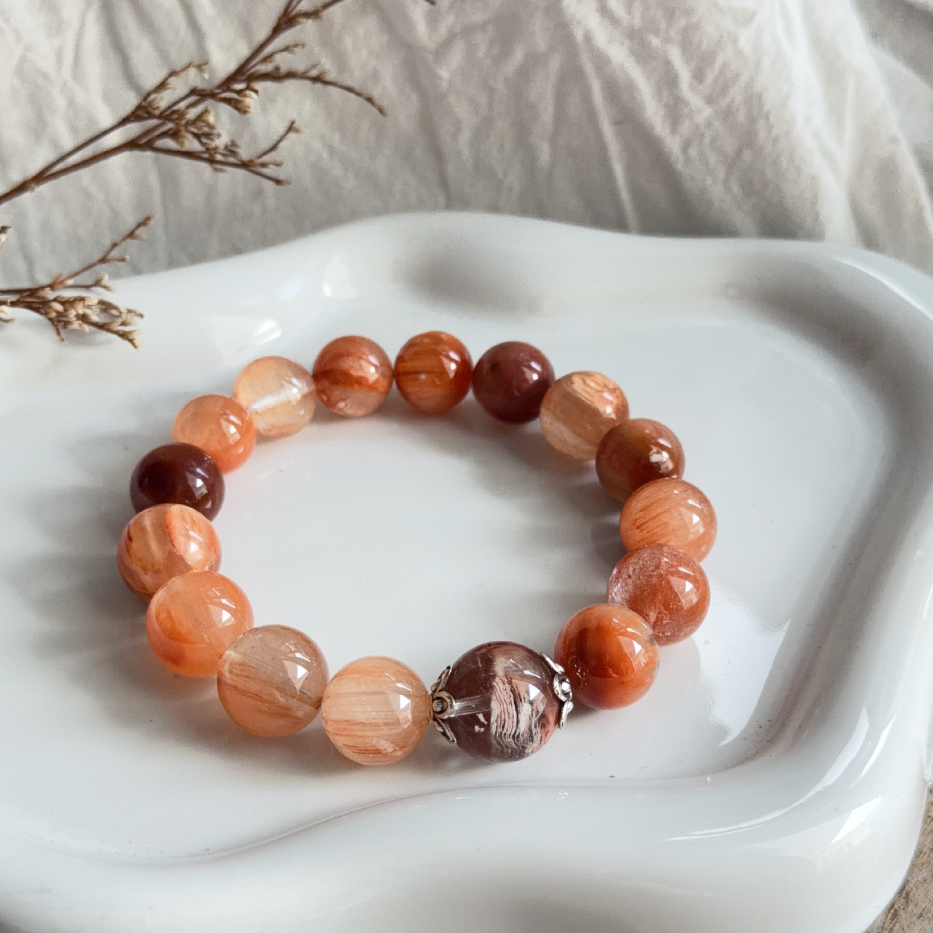 粉橙兔毛&千層幽靈手串