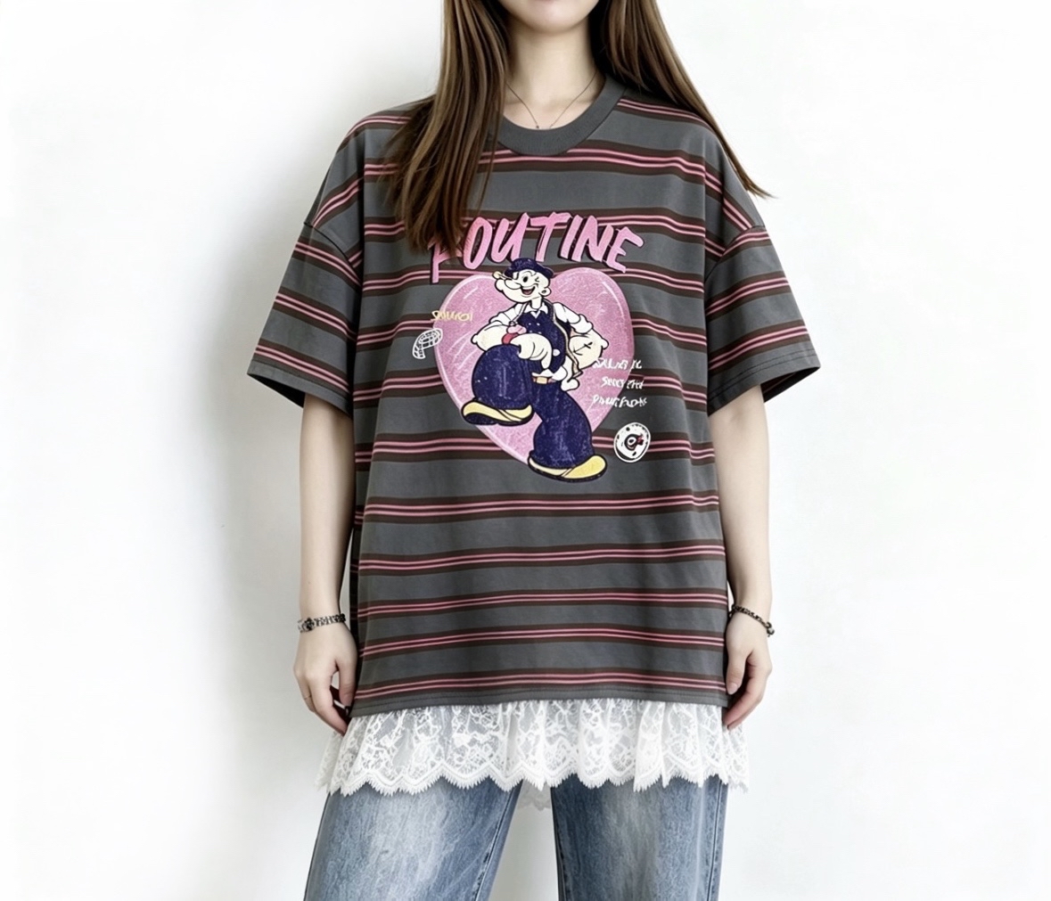 ☀️初夏優惠☀️ retro cartoon撞色Lace Tee