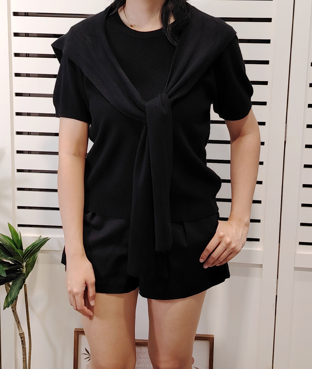 S2310 Knitted Short Sleeve Top With Shawl