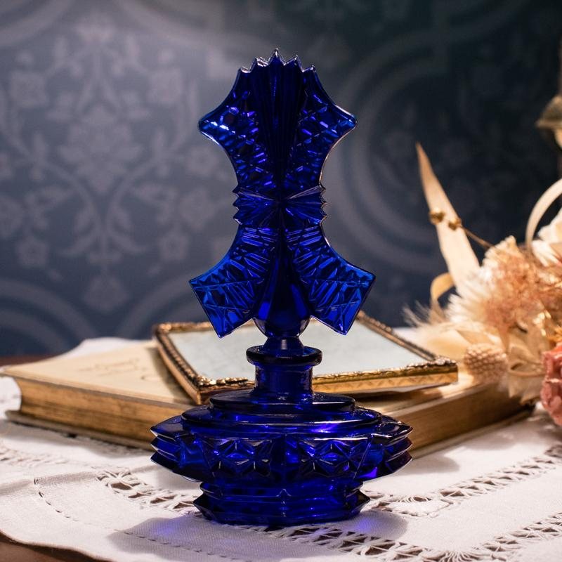 1960s Czechoslovakia Art Deco Inspired-Pattern Pressed Glass Vanity Perfume Bottle - Cobalt Blue(MW013)