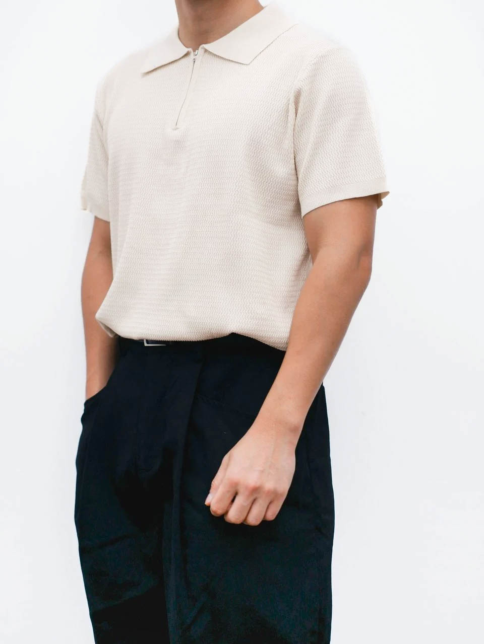 Beige Zipper Knit Polo 