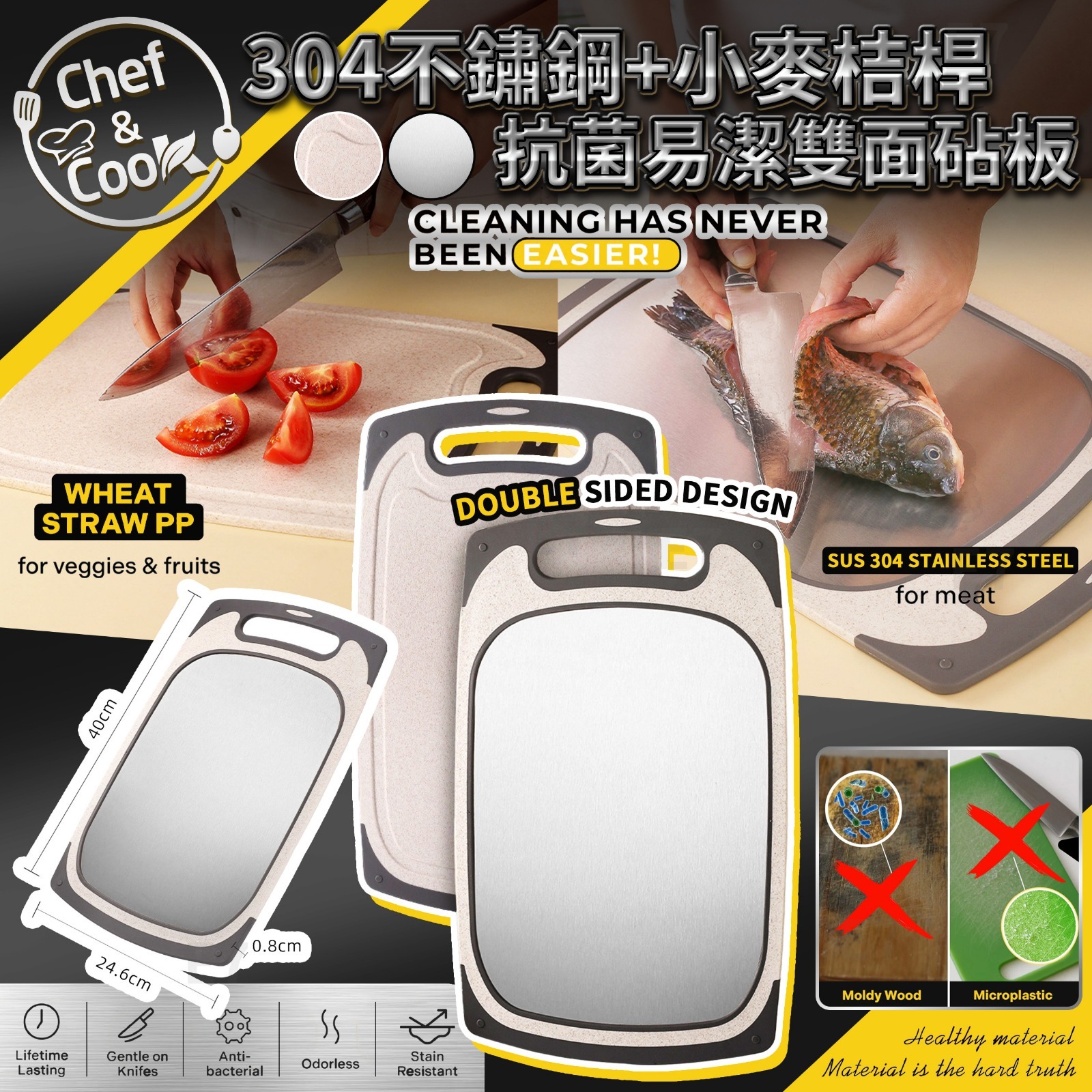 【預訂】CHEF & COOK 304不鏽鋼+小麥桔桿雙面抗菌易潔砧板