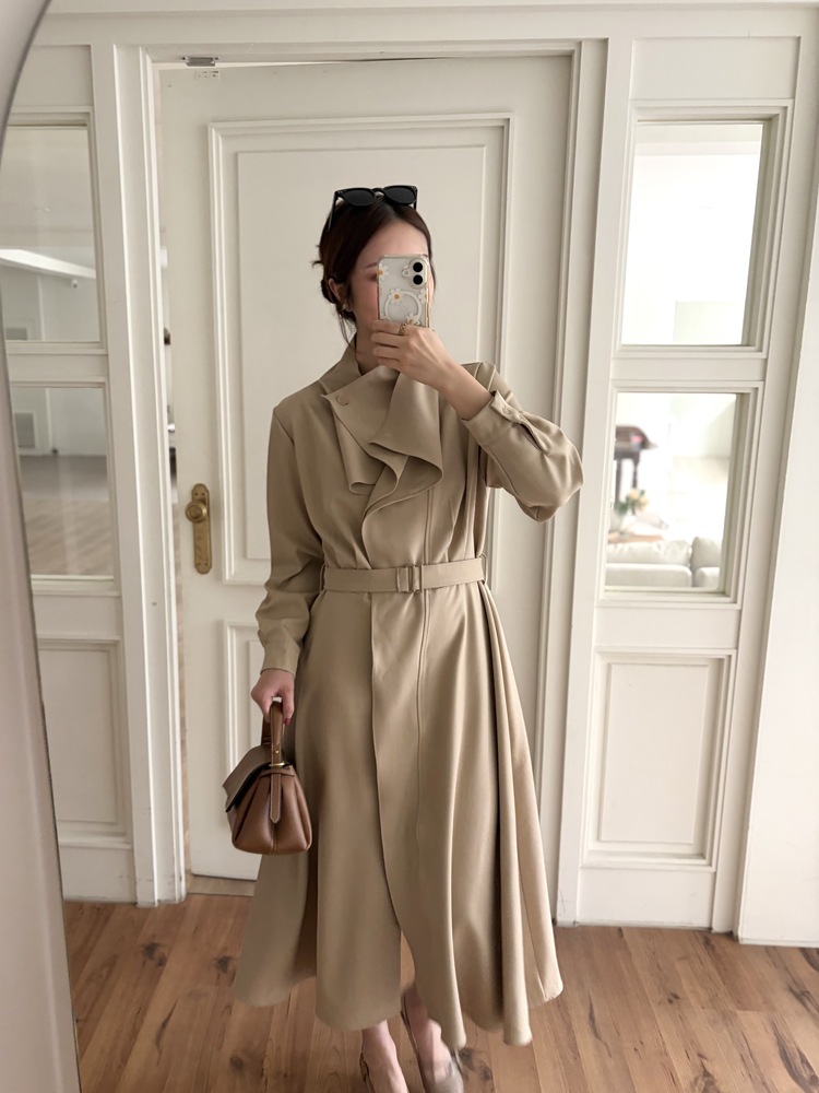 Classic Flared Trench Dress (Warm Beige)