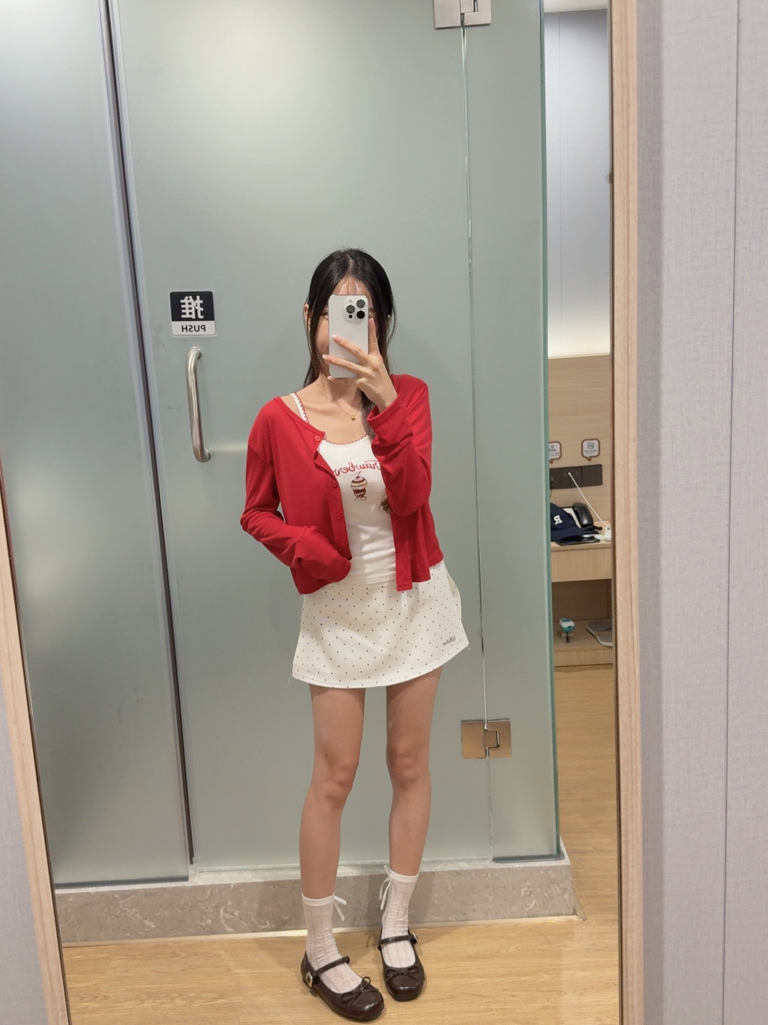 Red Cardigan and Polka Dot Skirt Set