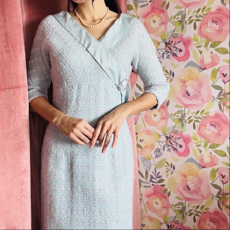 Rare! 1950s Powder Blue Wool Dress with Sparkly Belt Buckle and Satin Trim (MT1938)