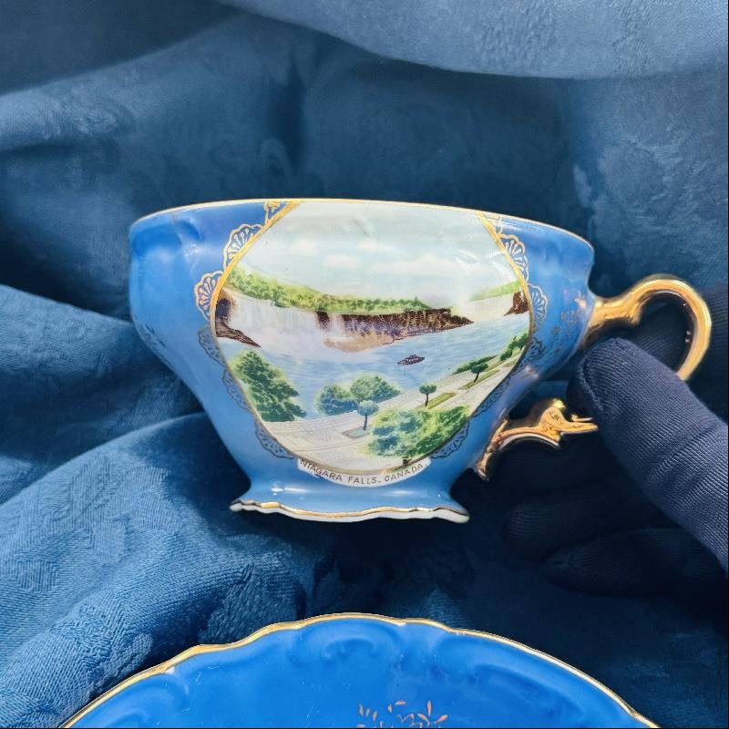 RARE! Vintage C.a. 1950s ESD Niagara Falls Canada Sky Blue Souvenir Tea Set Duo - Tea Cup with Saucer (MT2037)