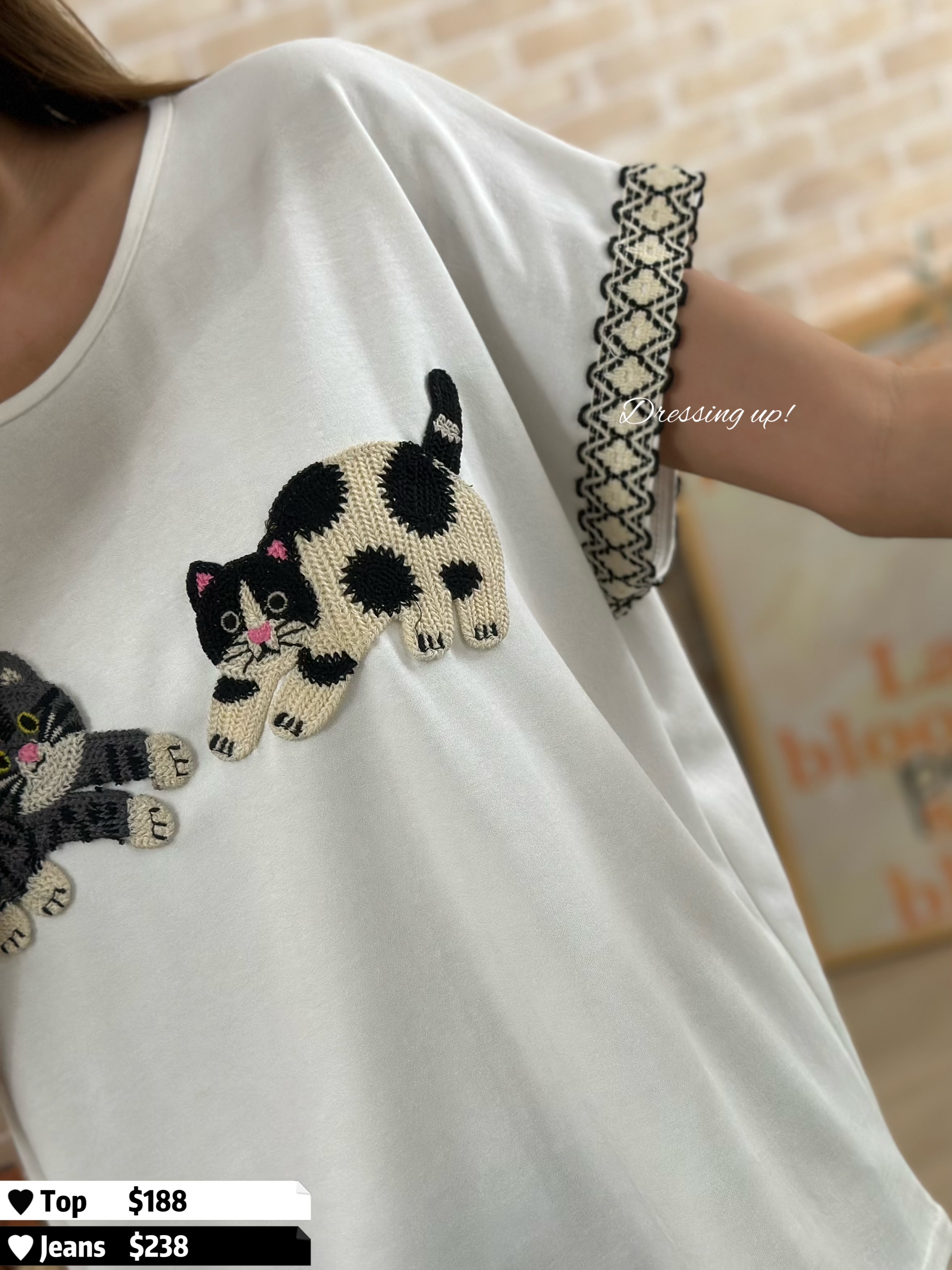 刺繡貓咪｜彈性軟棉上衣