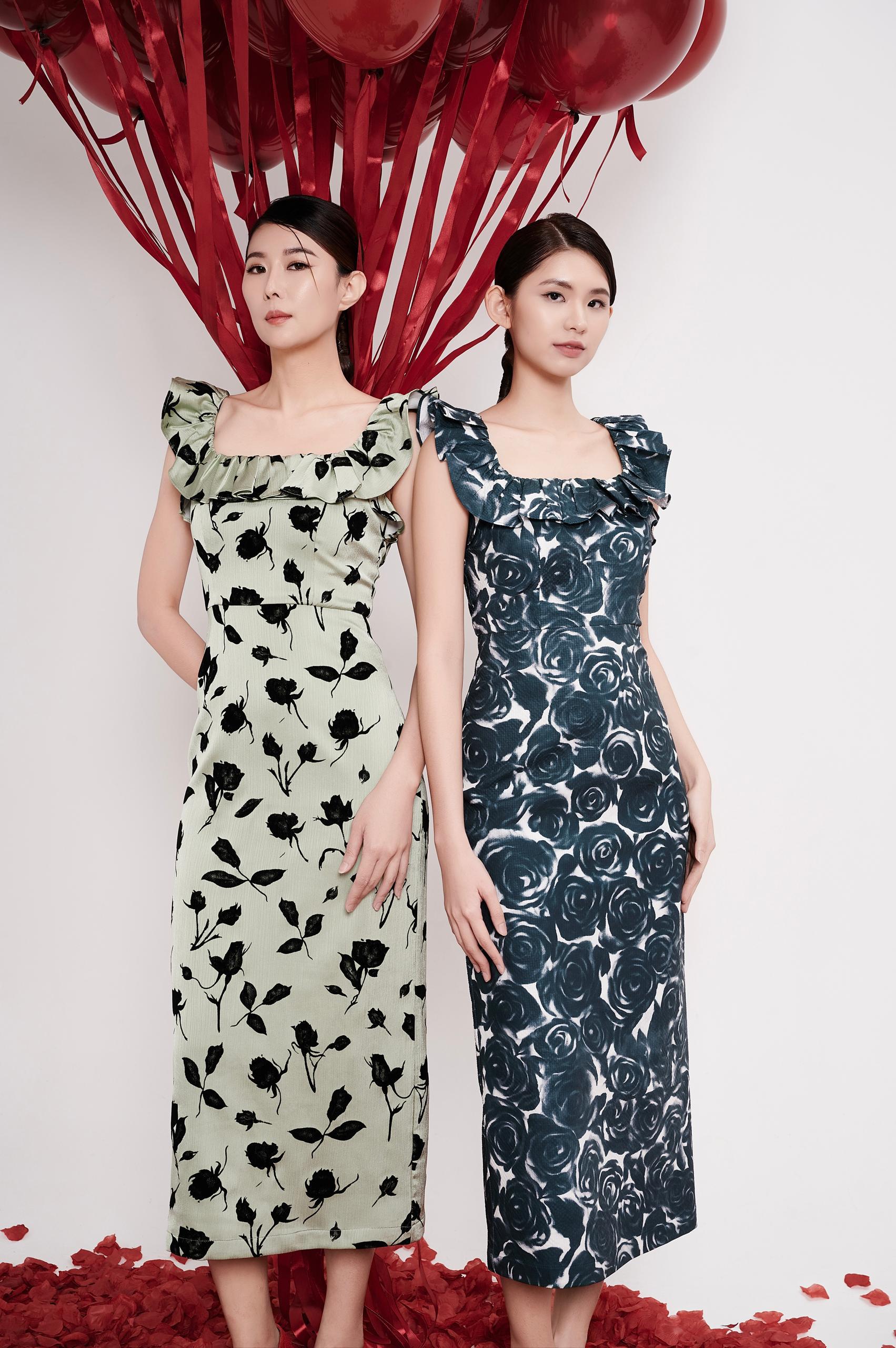 花卉印花方领连身裙  2138