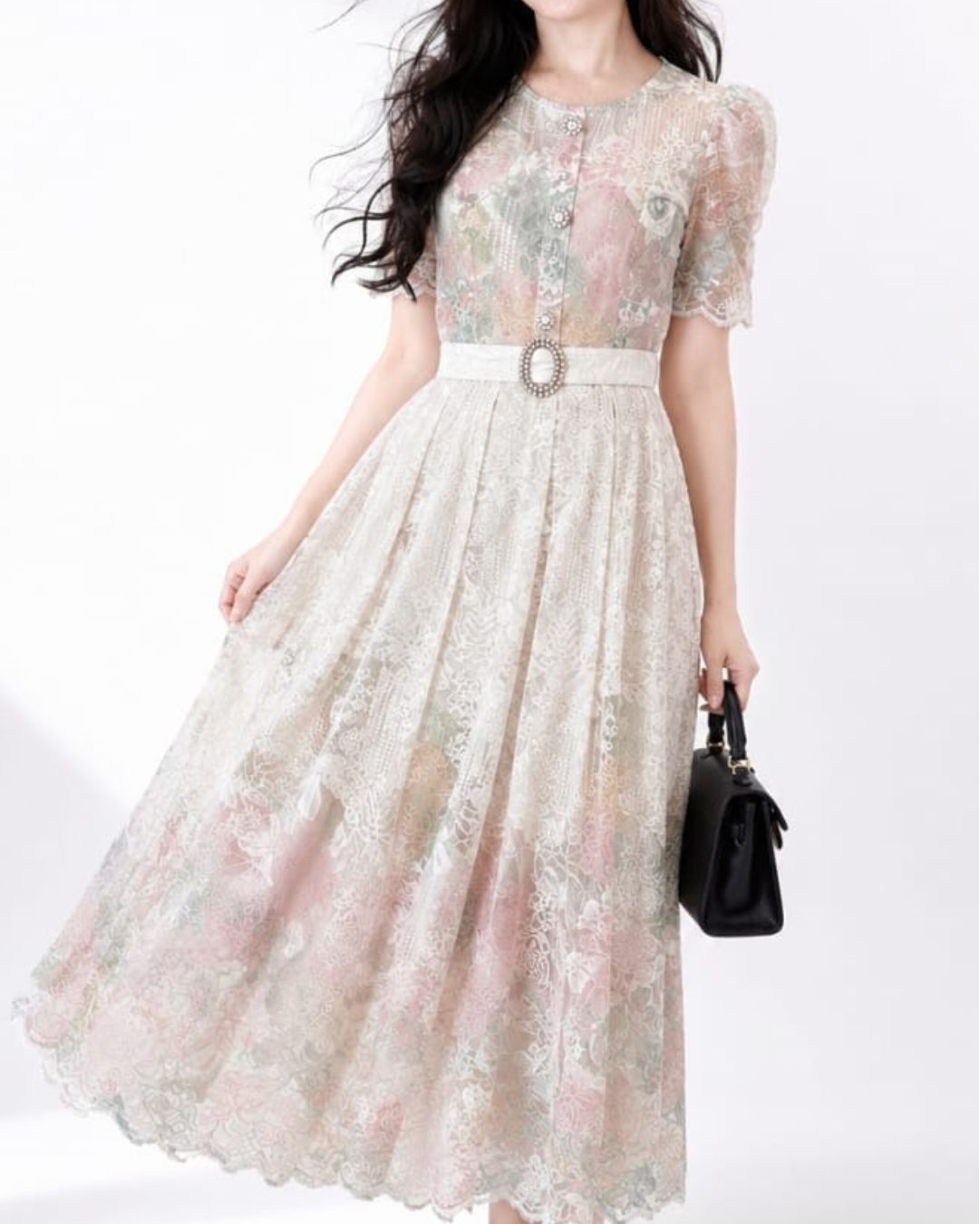 5130 Charlotte Pearl & Beaded Lace Panelled Midi Dress