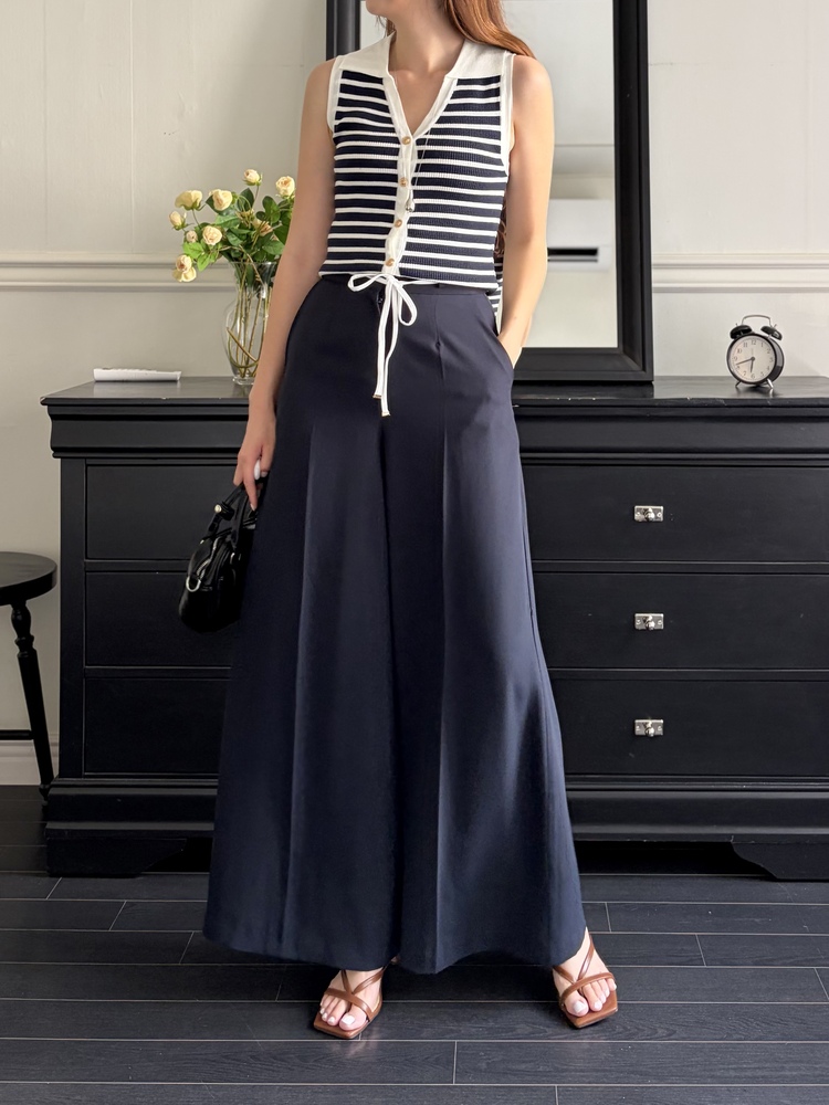 [超涼!!] Contrast Belt Wide Leg Slacks (Navy)