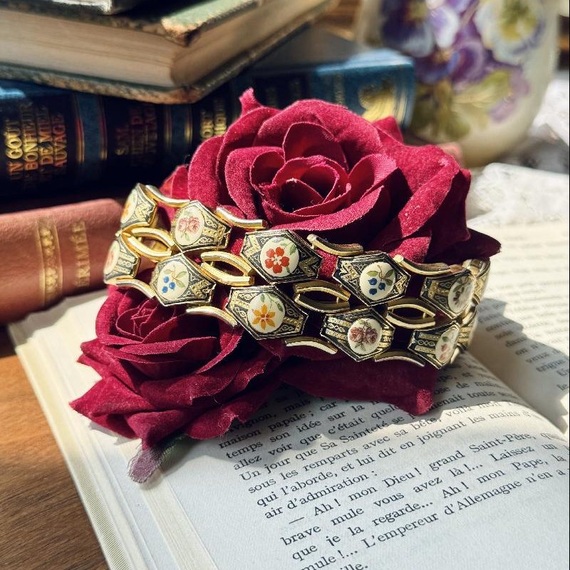 Rare! Vintage Floral Embellished Damascene Toledo Double Row Bracelet(MT2368)