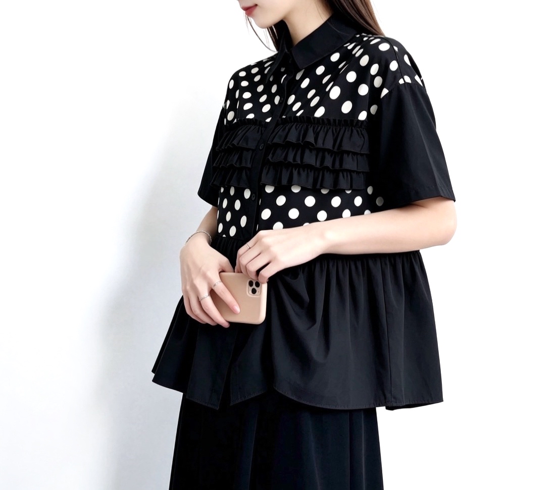 日系波點ruffle Top