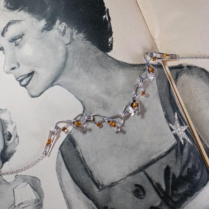 C.a. 1950-60s Canadian Bond Boyd Sterling Silver Calla Lily with Yellow Stone Bracelet & Necklace Set(MT252)