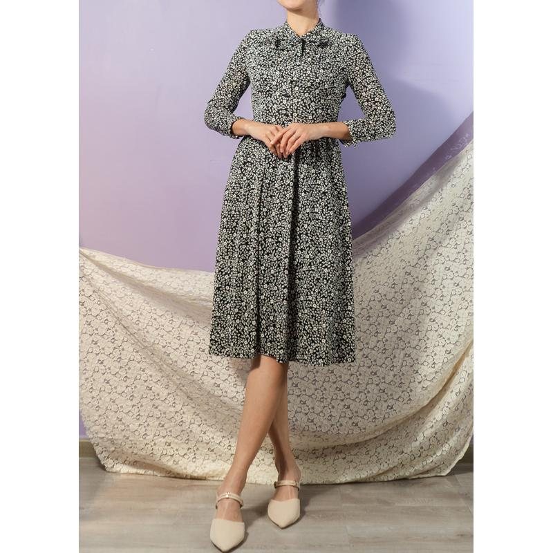 Vintage Japanese Timeless Black & White Floral Tie Collar Dress (MT1608-111)