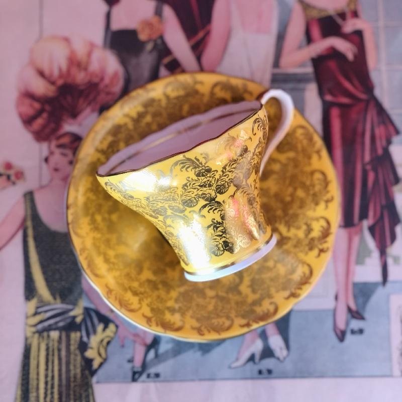 Vintage C.a. 1950-60s Ansley Gold & Yellow Corset Tea Cup Tea Set Duo (MT1431)
