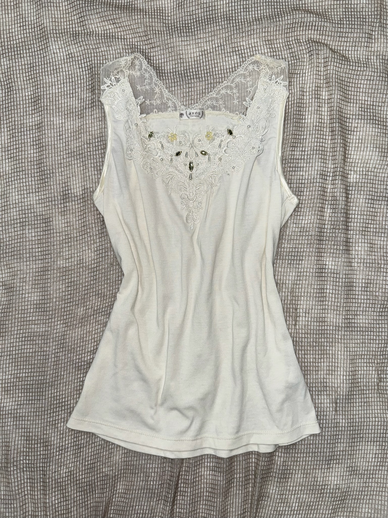 Axes Femme Off-White Tank Top with Embroidered Lace & Pearls