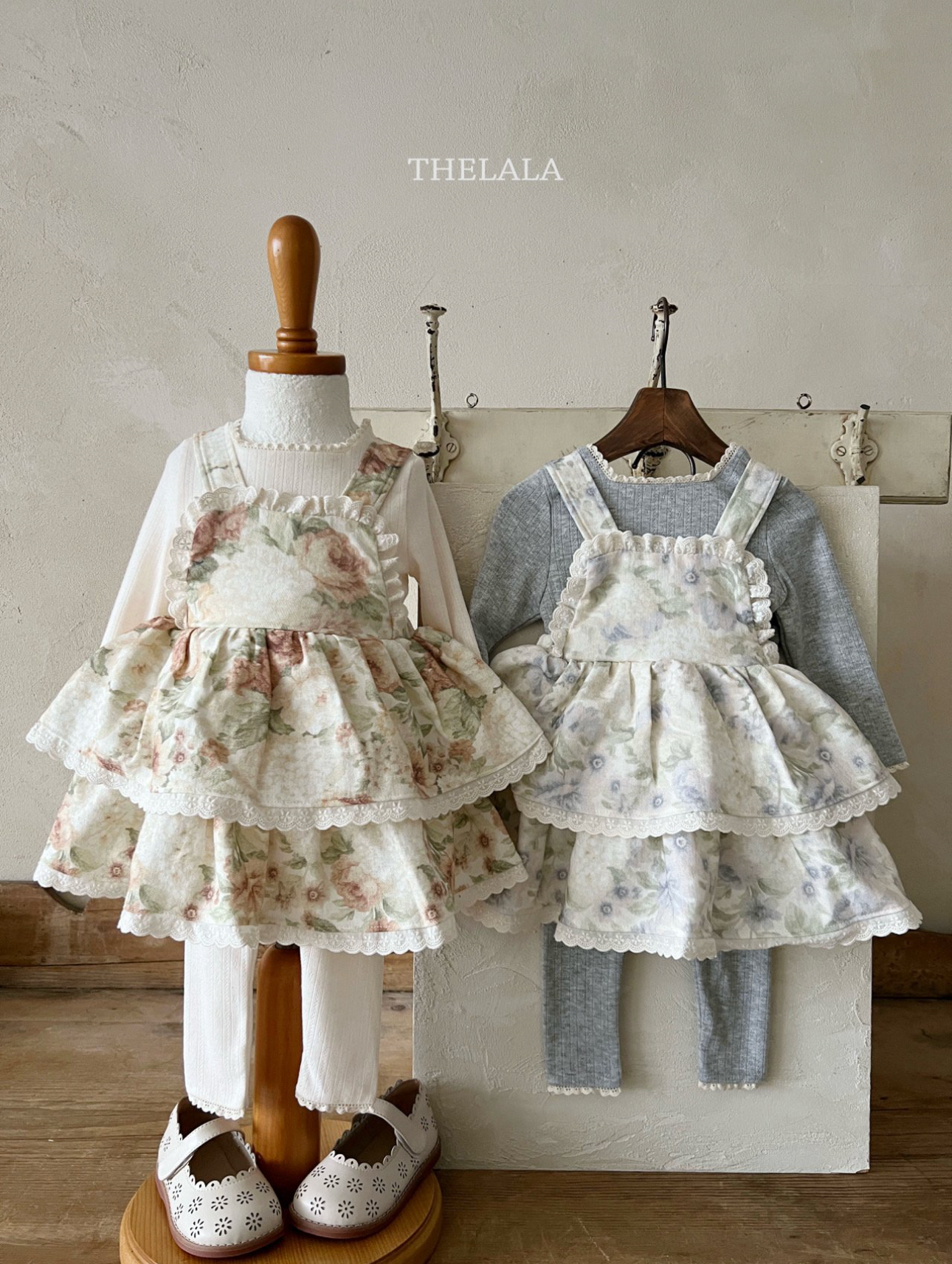 🌸預訂 韓國直送🌸🇰🇷THELALA兩色花卉滿印蕾絲花邊吊帶連身裙