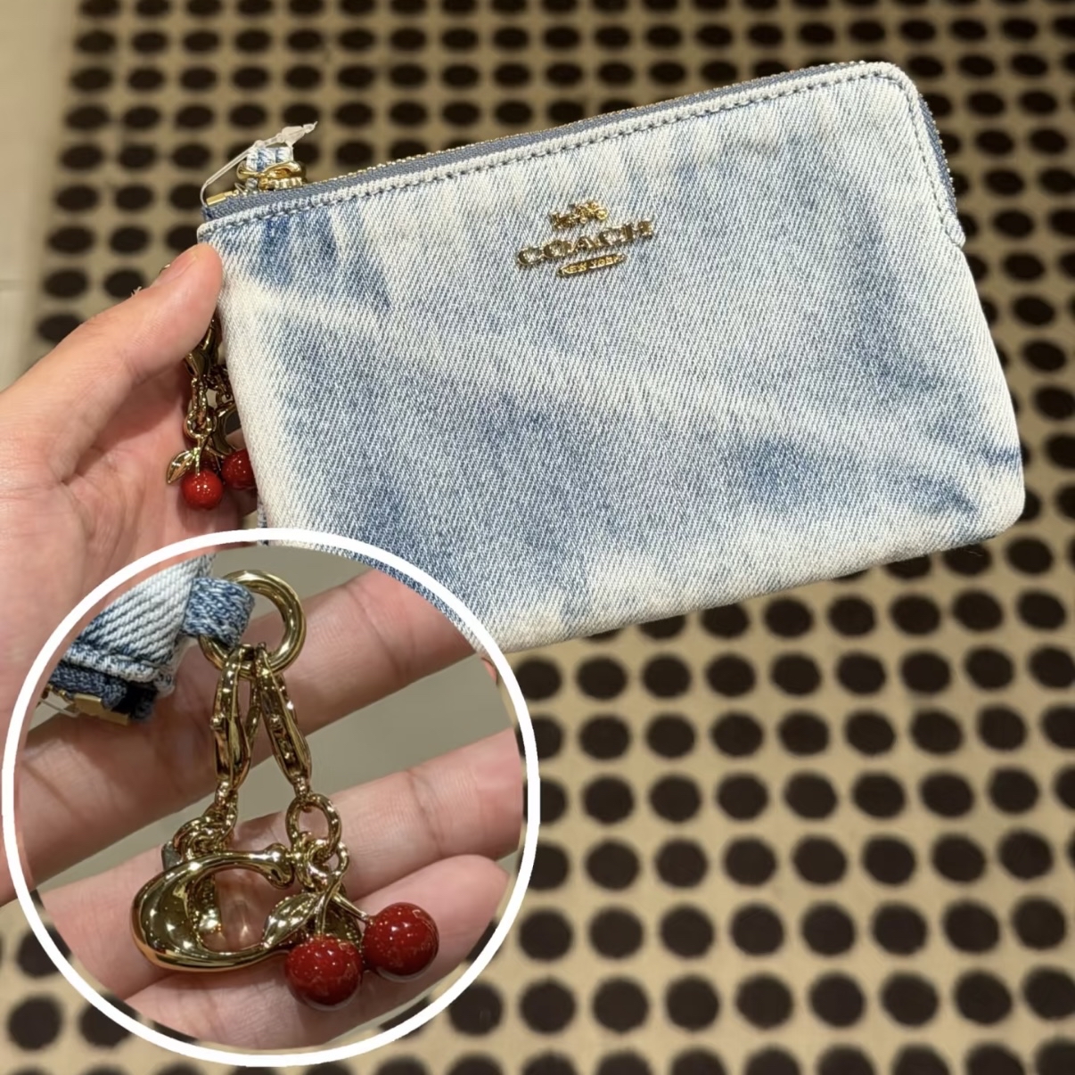 COACH Corner Zip Wristlet in Loved Denim with Charms