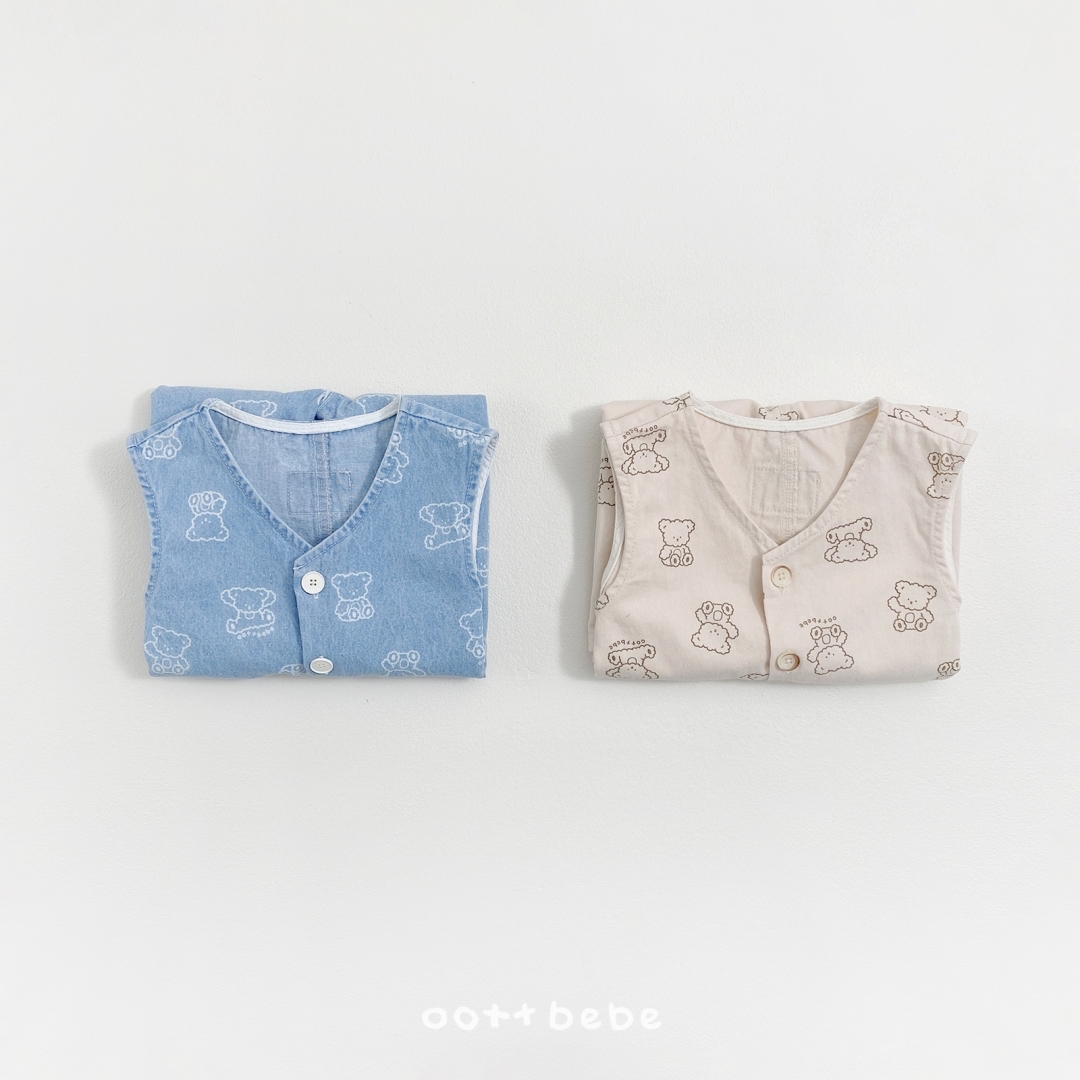 🌸預訂 韓國直送🌸🇰🇷OOTTBEBE兩色小熊滿印斜紋布牛仔背心連身褲