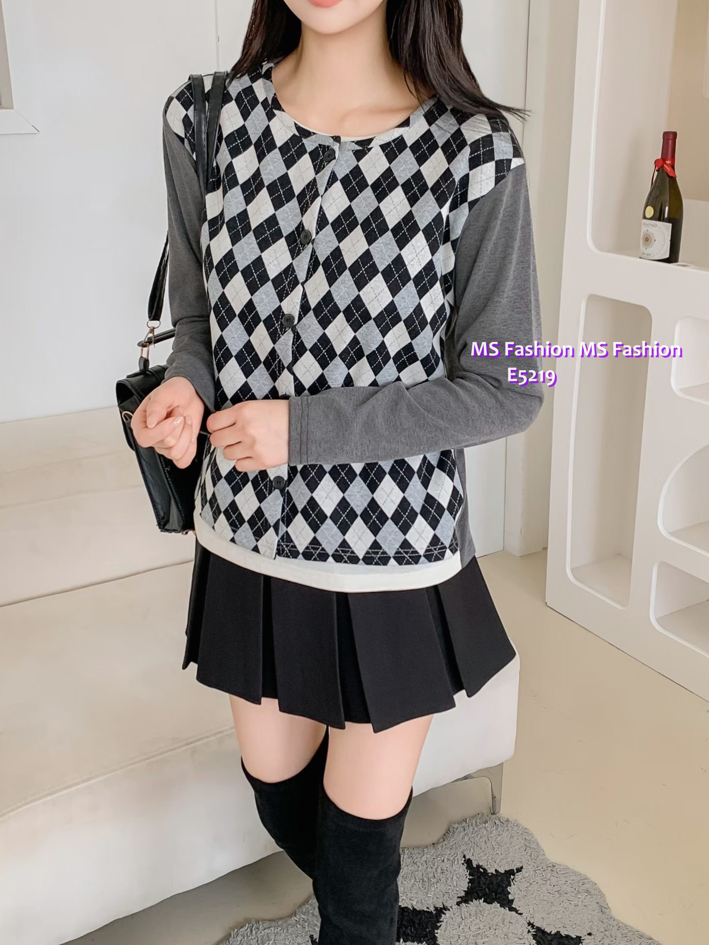 E5219 格紋pattern假兩件top