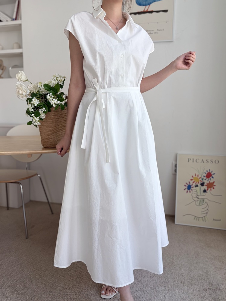 Elasticated Waist Shirt Dress (White)