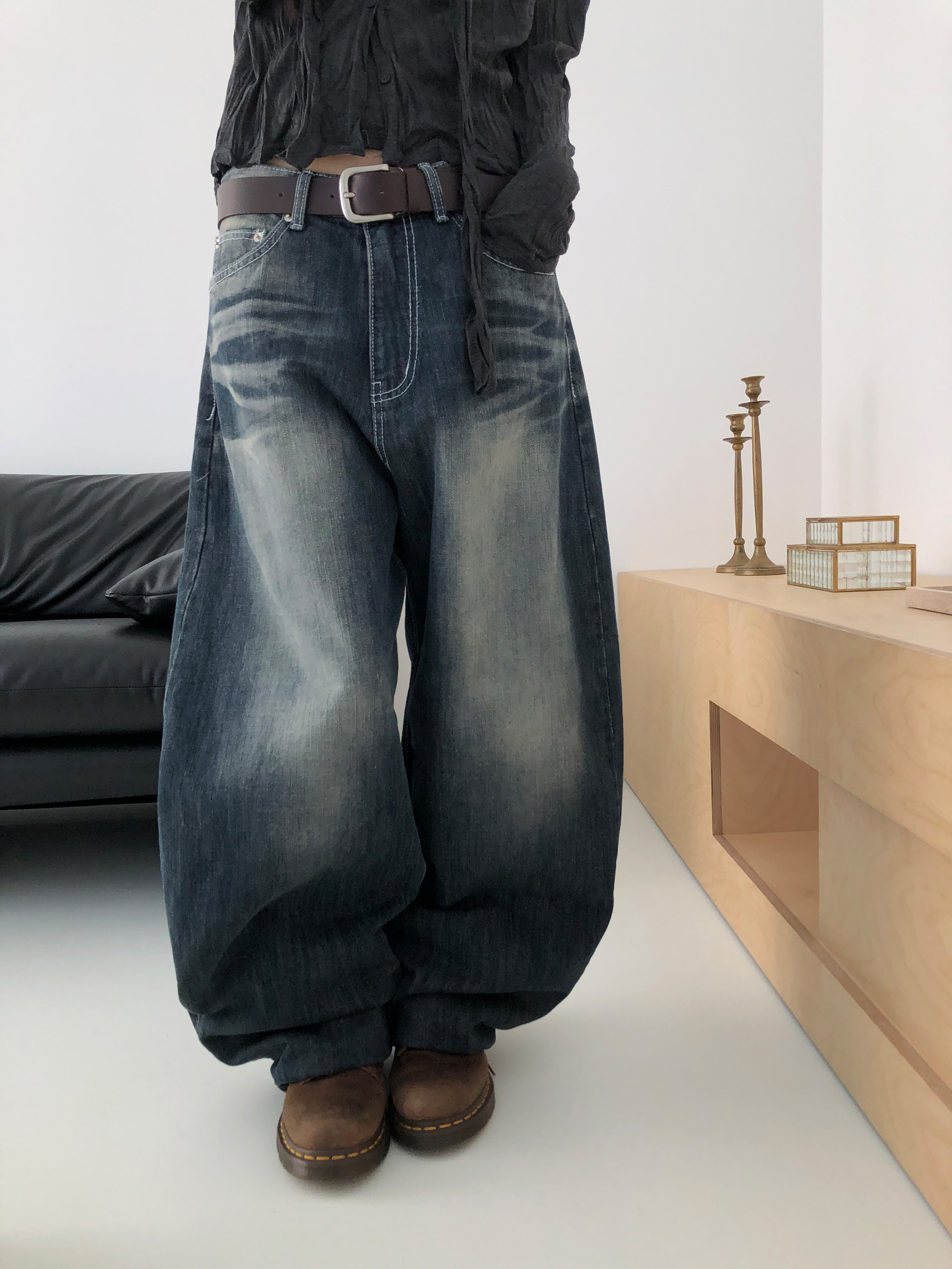 Sanded Washed Wide Leg Denim