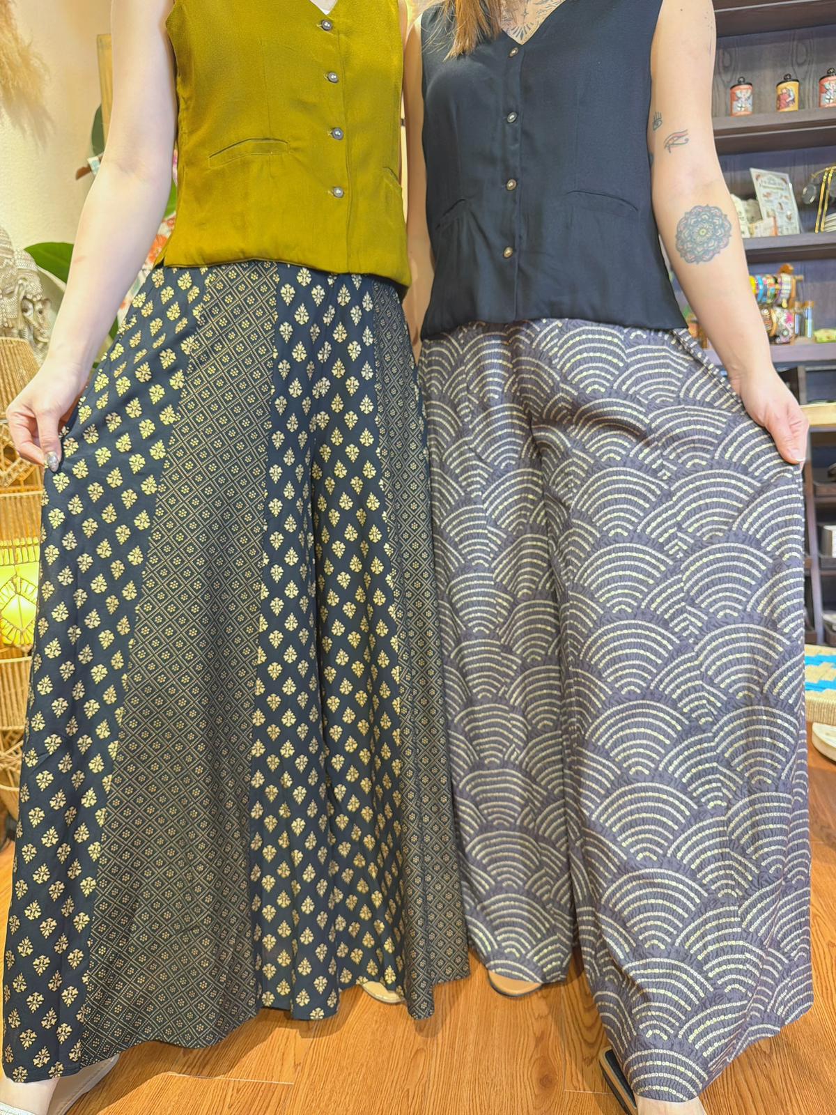 2150 Black Golden Patchwork Wide Legs Pants 38"