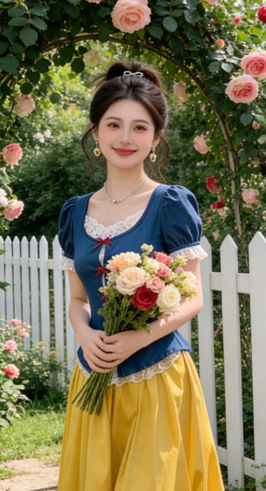 B132(9380) 法式公主风复古蕾丝花边前排红蝴蝶结蓝上衣与黄长裙套装