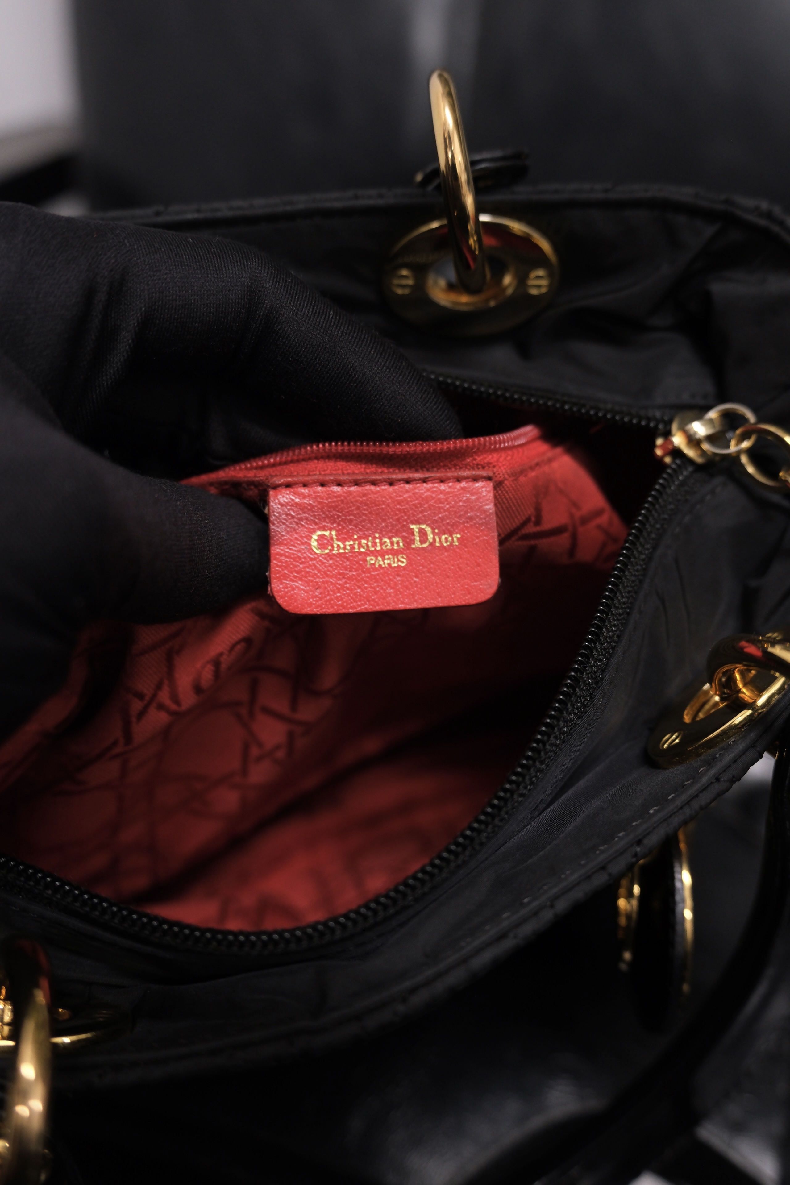 Dior Lady Dior Cannage Nylon Hand Bag Black Gold