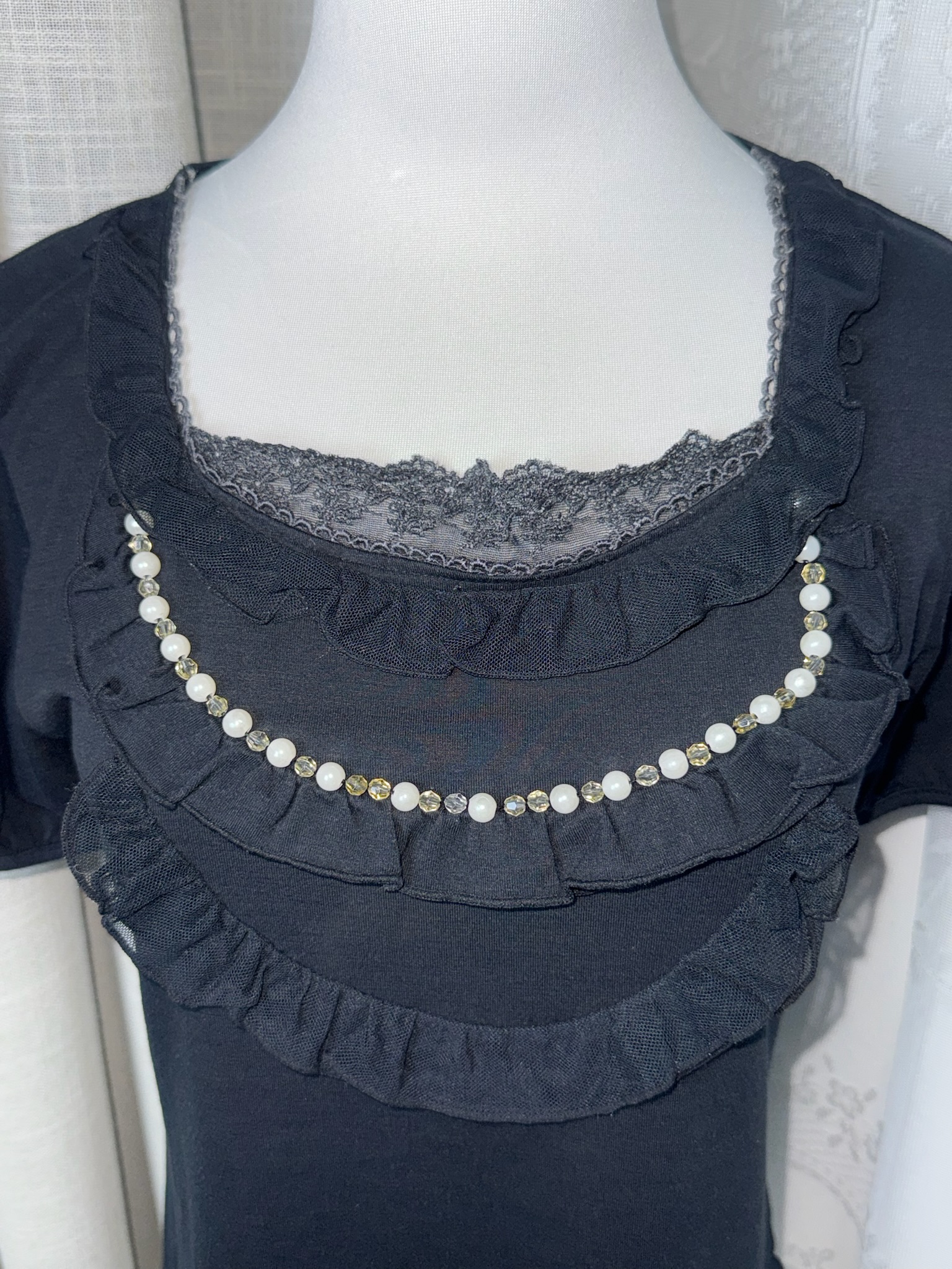 Elegant Pearl-Accented Ruffle Knit Top