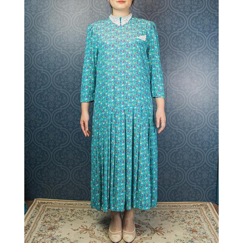 C.a. 1980s Karin Stevens Scattered Floral Pattern Turquoise Low Waist Dress with low Waist collar - Plus Size(MU103-10)