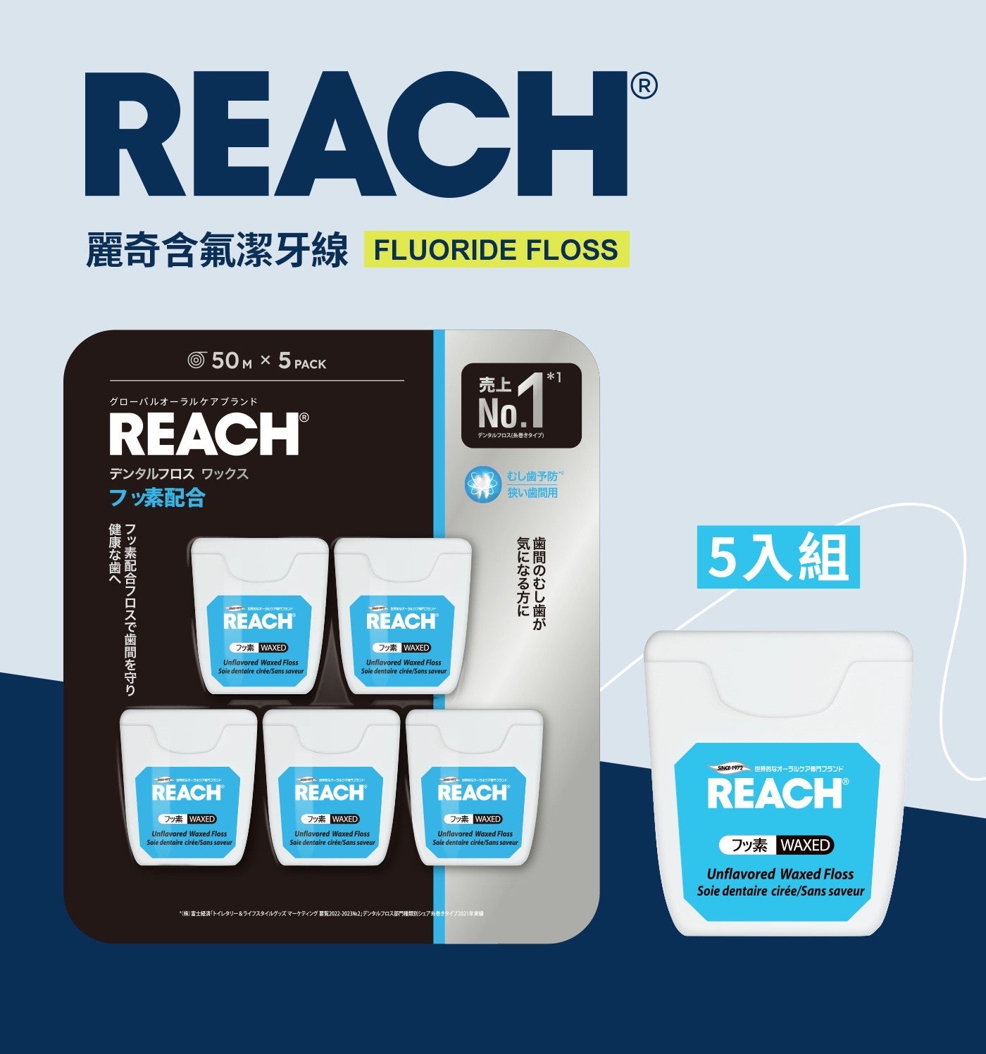 日本直送 日本Costco本週特價  REACH含氟潔牙線組 50公尺 X 5入 Fluoride Waxed Floss 50 m X 5-Pack