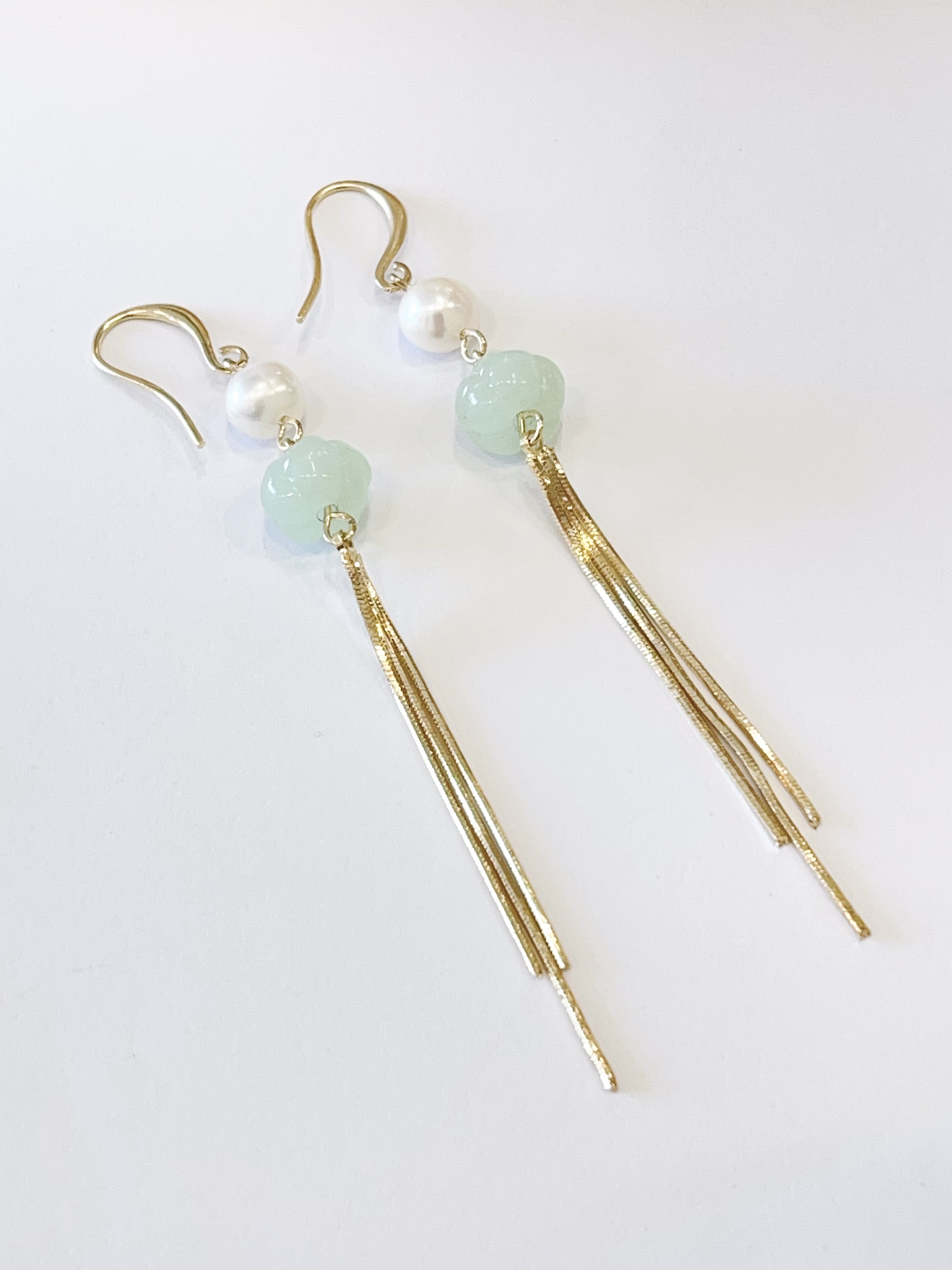 复古珍珠田玉长流苏耳环