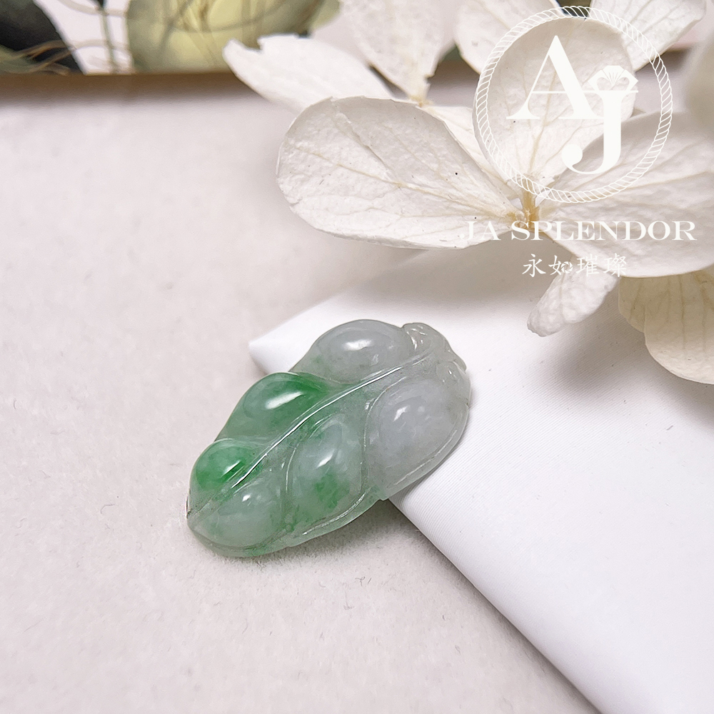 JN-09 天然翡翠A玉 白底青半山半水肥厚事業有成/玉葉金吊墜