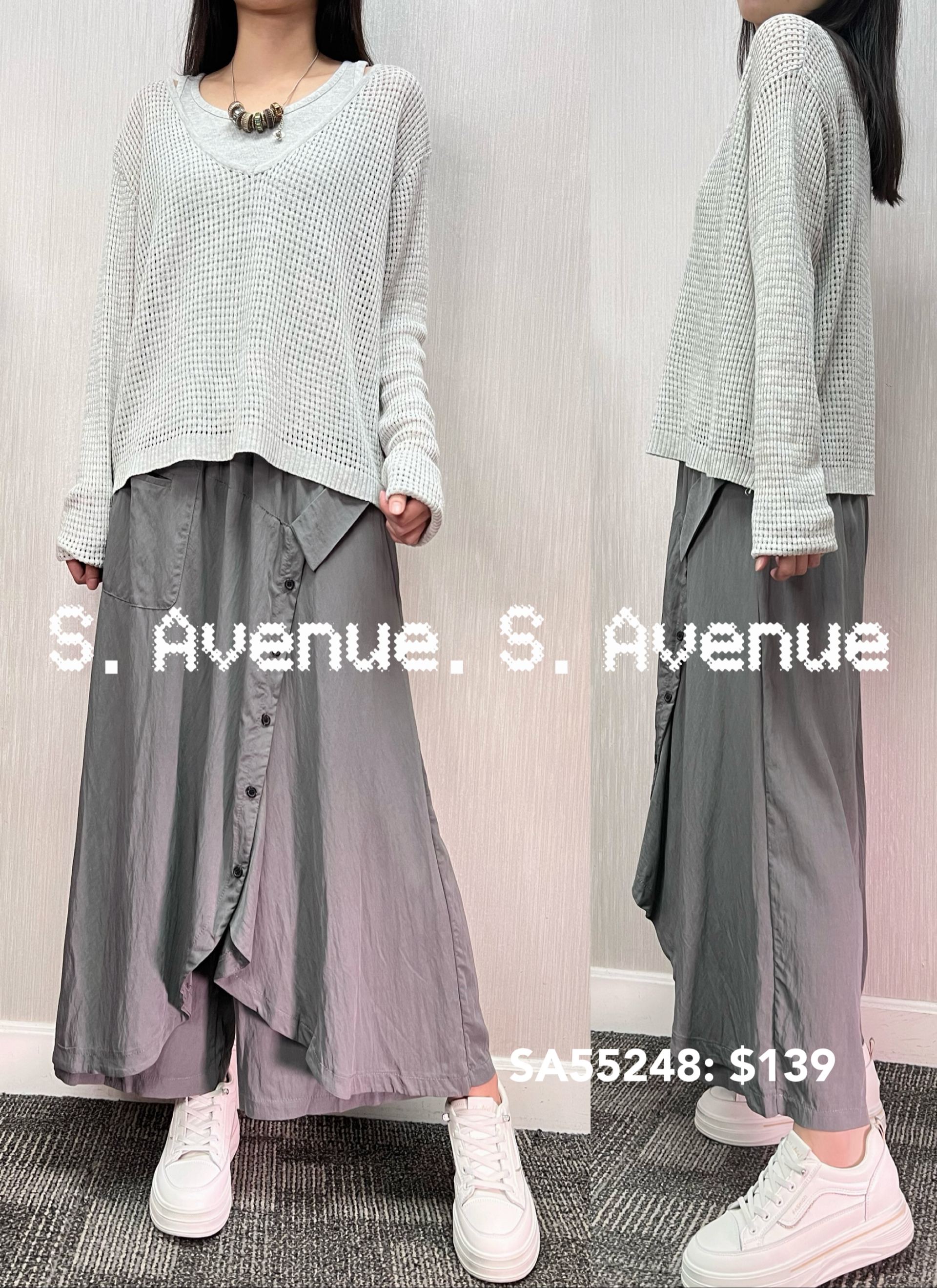 SA55248: 長袖V領通花線top+背心套裝