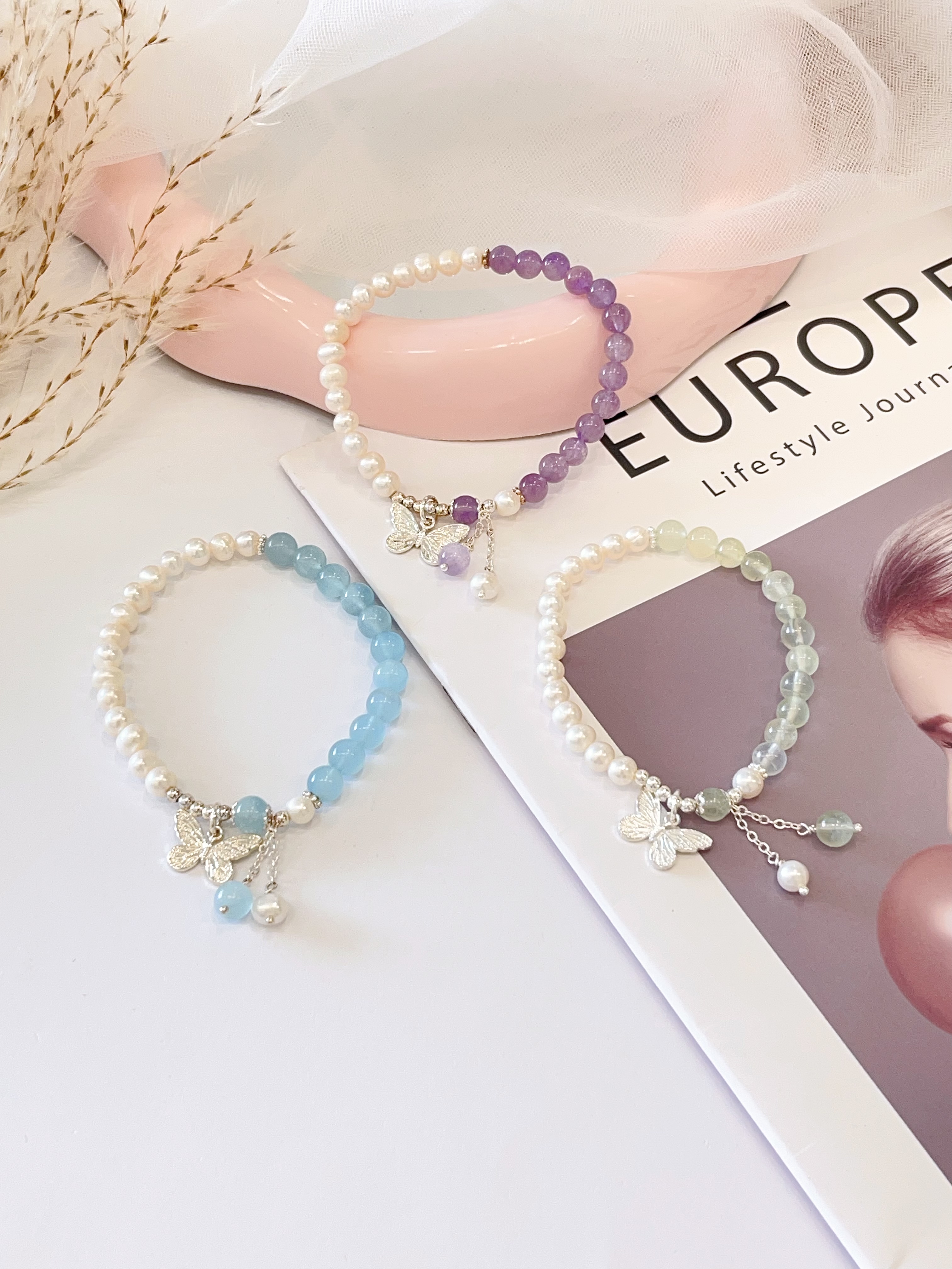 💜 紫水晶 × 葡萄石 × 海蓝宝 × 淡水珍珠手串 Amethyst, Prehnite, Aquamarine & Freshwater Pearl  |  6mm