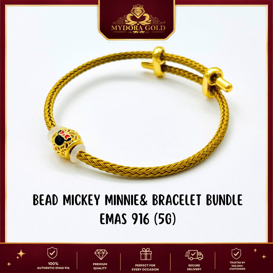 MYDORA Bead Mickey Minnie Bundle Set | 916 Gold Bead + Adjustable Bracelet