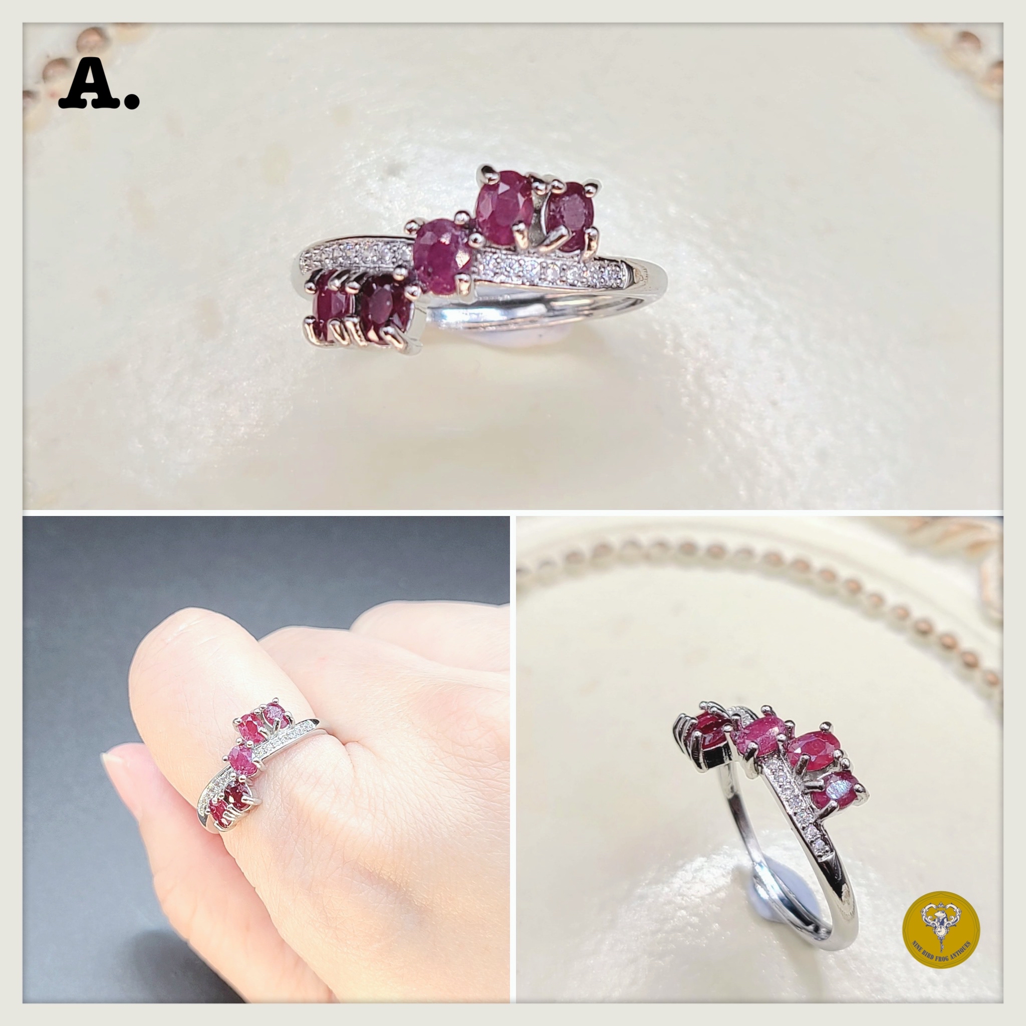 天然紅藍綠寶石銅鍍白金戒指