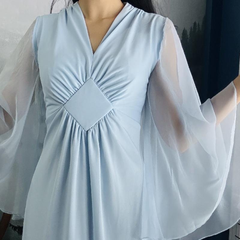 Rare! 1970s Powder Blue Chiffon "Angel Sleeves" Maxi Dress (MT2525）